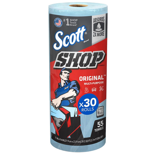 Scott Original Multi-Purpose Shop Towels – Blue, 11" x 9.4", 55 Sheets per Roll, 30 Rolls/Case – 75130
