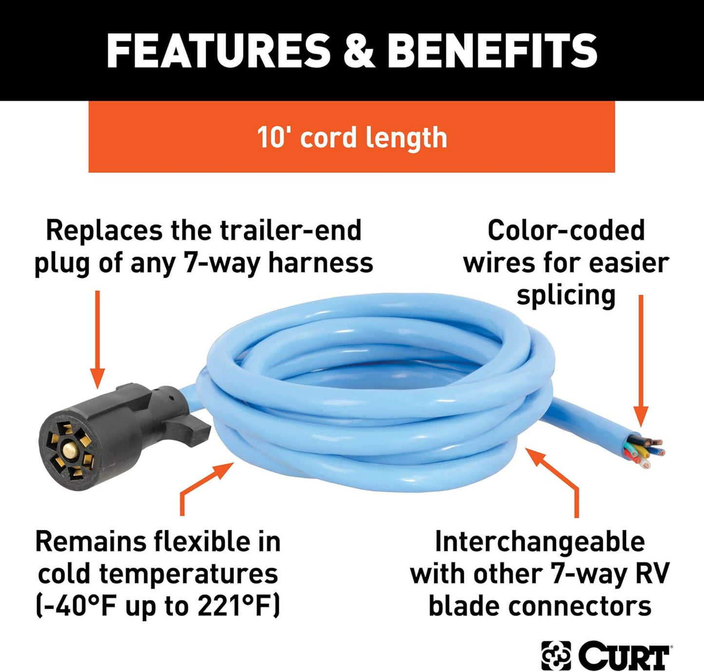 Curt Manufacturing Cold Weather Replacement 7-Way Trailer Harness 10 ft Bulk (Part #56613)