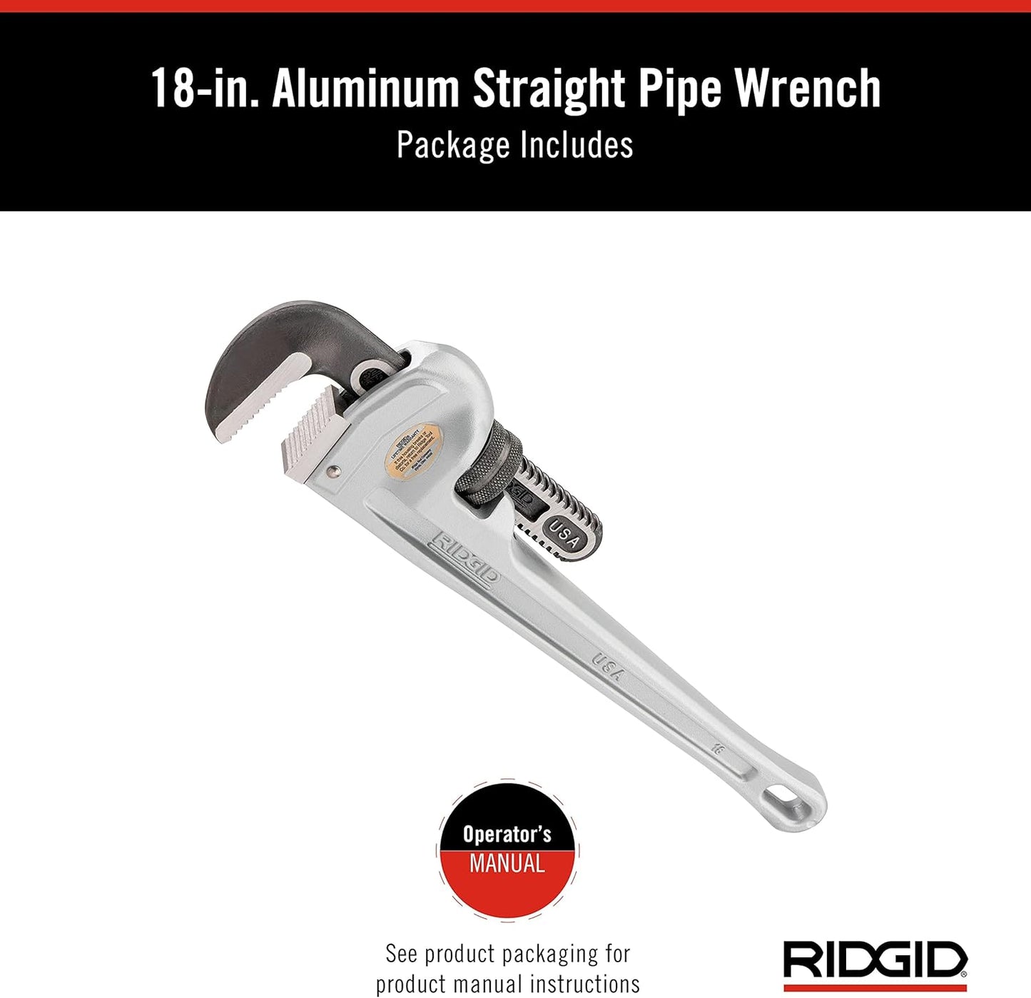RIDGID 31100 Model 818 Aluminum Pipe Wrench – 18" Straight Plumbing Wrench, Lightweight Design