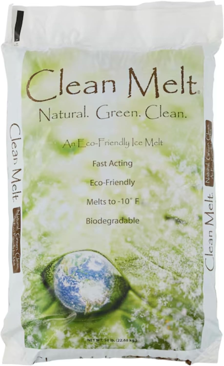 Packaging of Clean Melt eco-friendly ice melt with green and white design.