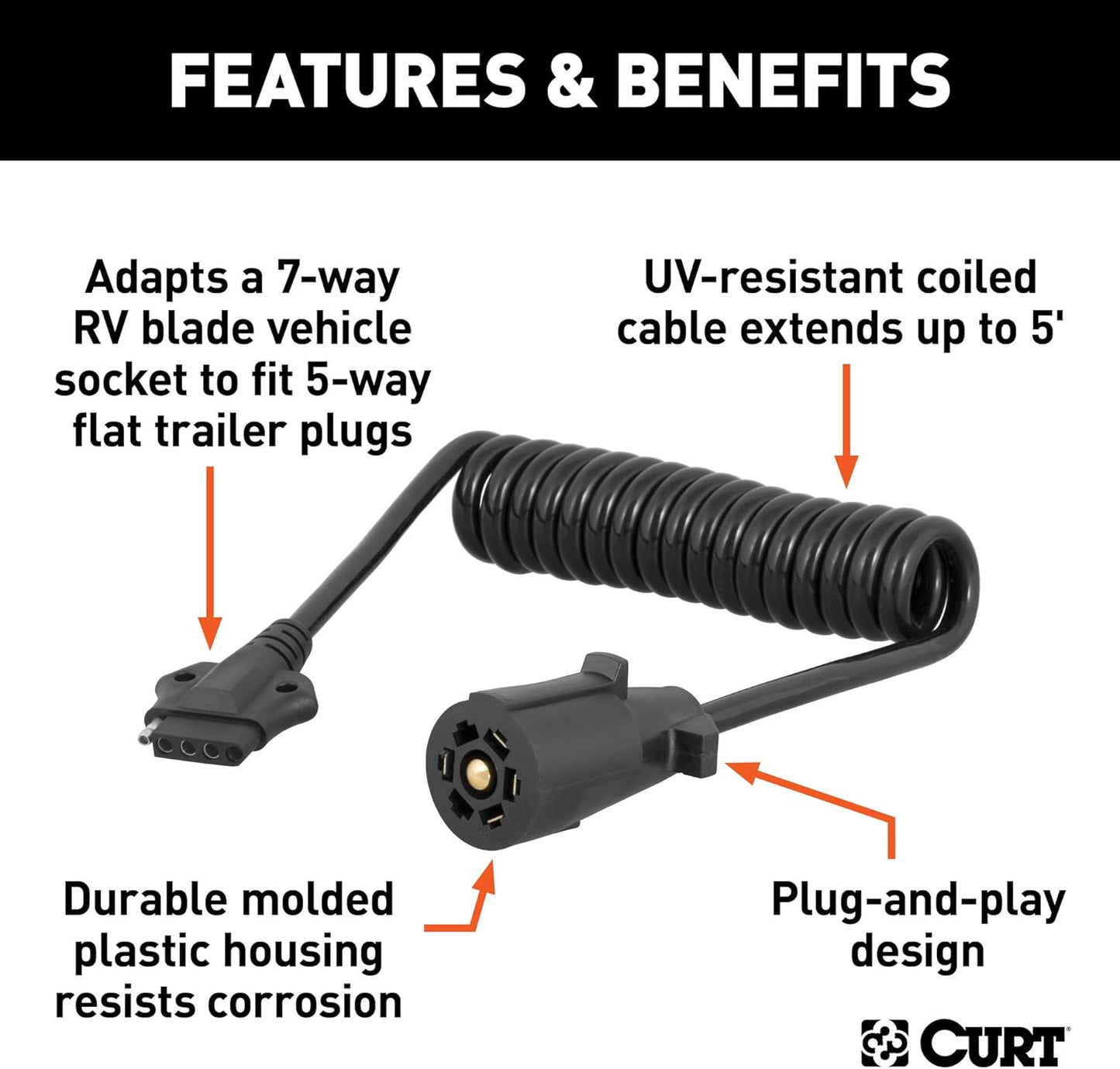 Curt Manufacturing 57281 7-Way RV Blade to 5-Way Coiled Adapter, 5 Feet