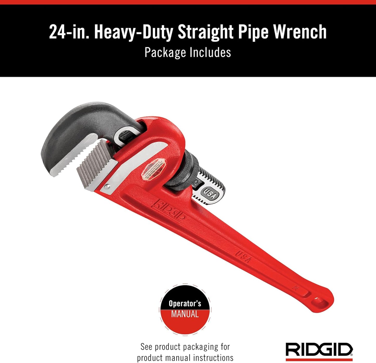RIDGID 31030 24" Heavy-Duty Straight Pipe Wrench – Self-Cleaning, Hook Jaw, Red