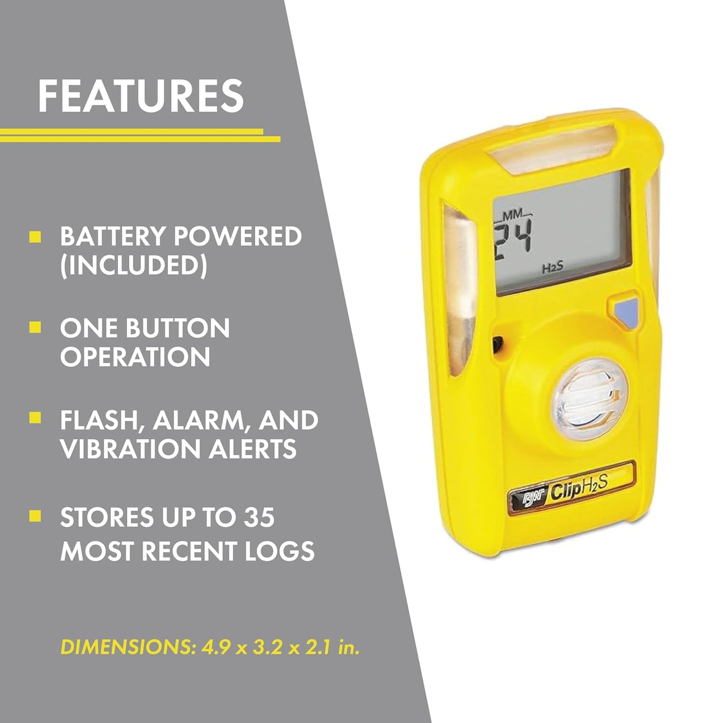 BW Technologies BWC2-H Hydrogen Sulfide (H2S) Gas Detector – Single Gas Monitor by Honeywell | Yellow, Battery Powered