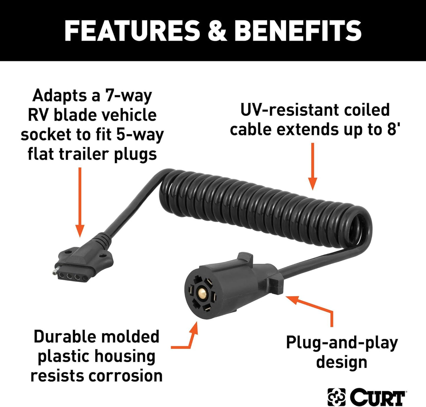 Curt Manufacturing 57282 7-Way RV Blade to 5-Way Coiled Adapter, 8 ft Length