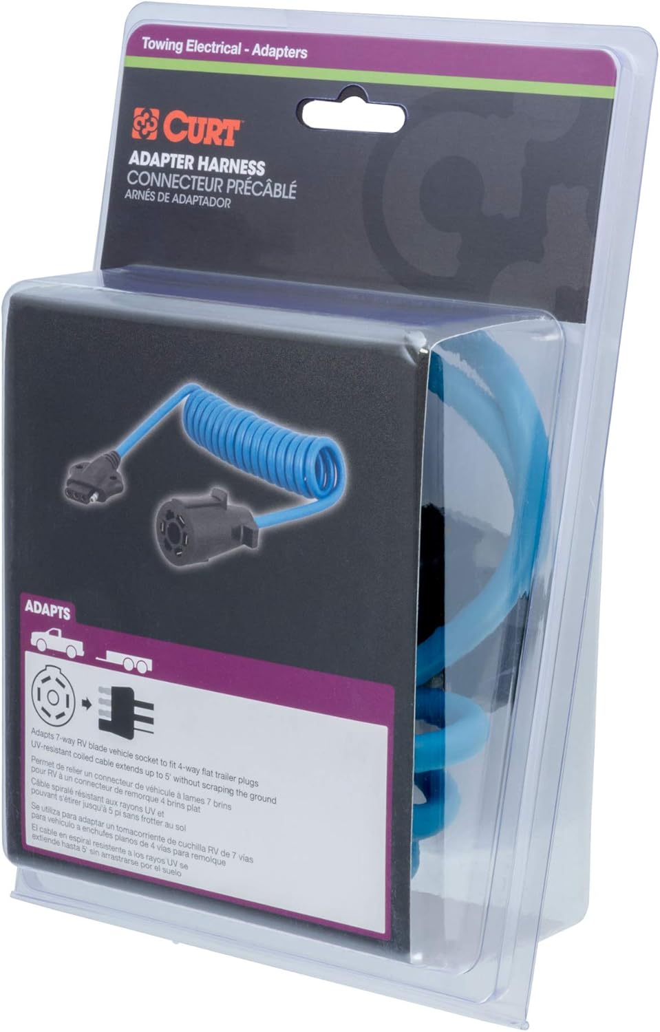 Curt Manufacturing 57280 7-Way RV Blade to 4-Way Flat 8 ft Coiled Adapter