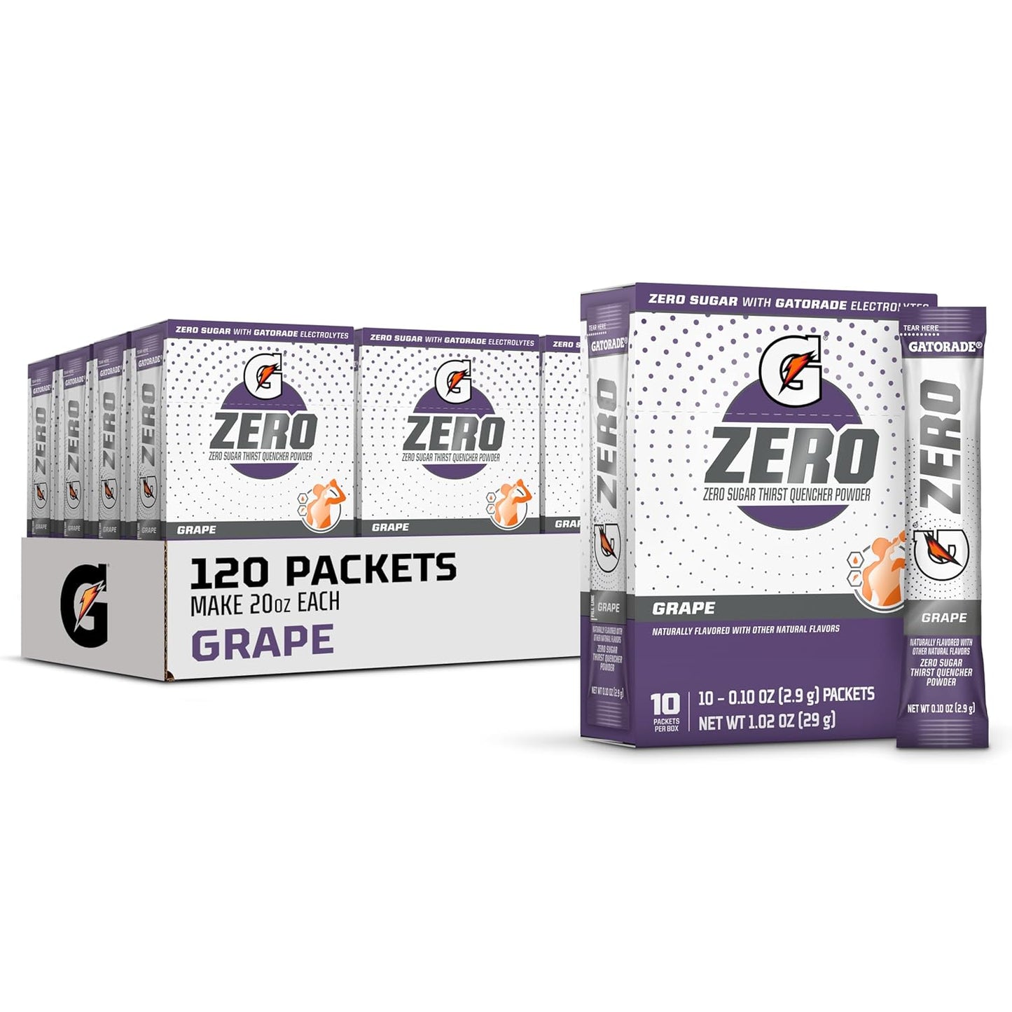 Gatorade G Zero Powder Stick – Grape Flavor, 0.10 oz Stick, Yields 16.9 oz Drink – Pack of 120