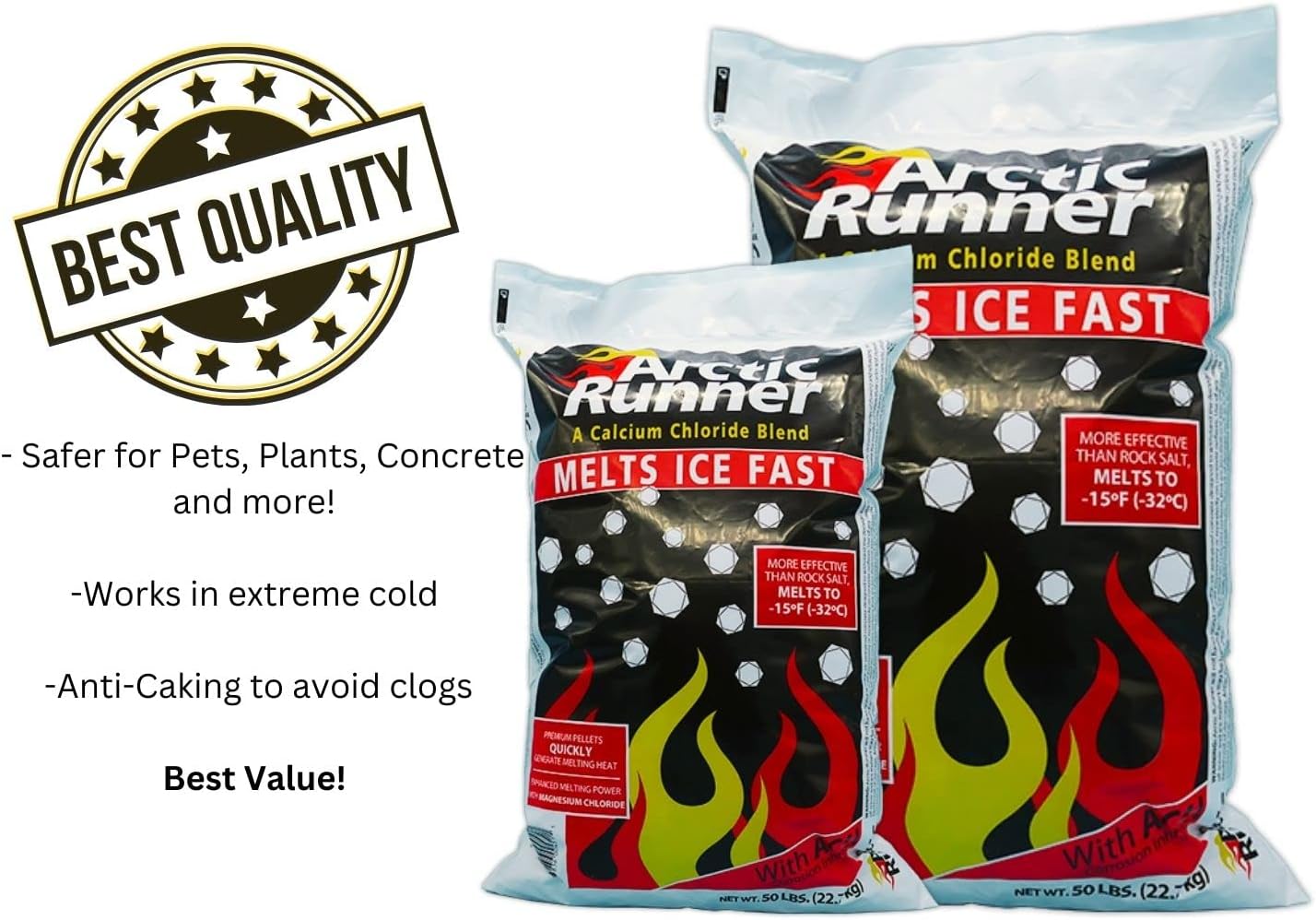 Two packages of Arctic Runner ice melt with text highlighting features on a white background.