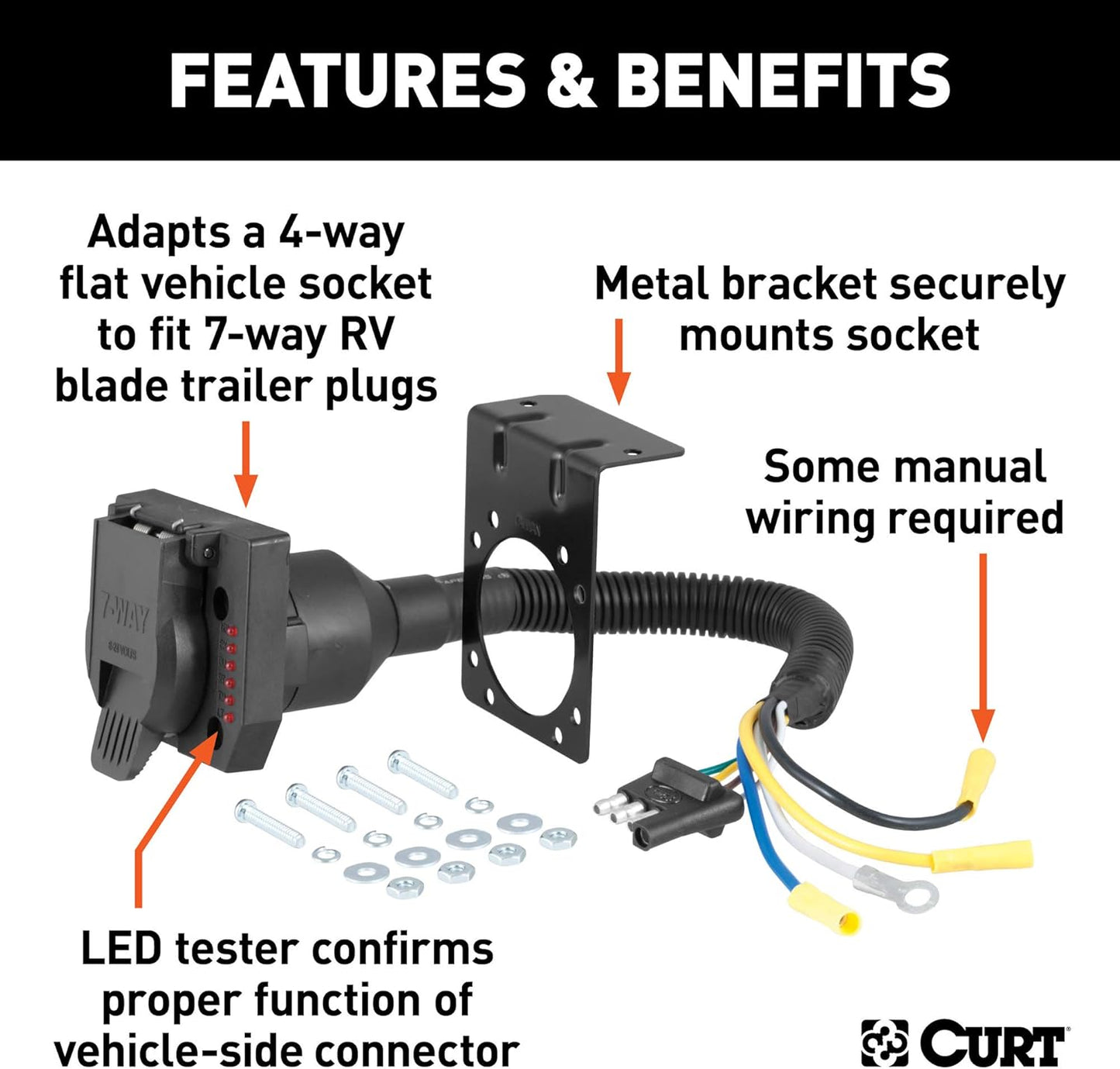 Curt Manufacturing 57676 7-Way Round to 4-Way Flat Trailer Wiring Adapter with Integrated Test Lamps