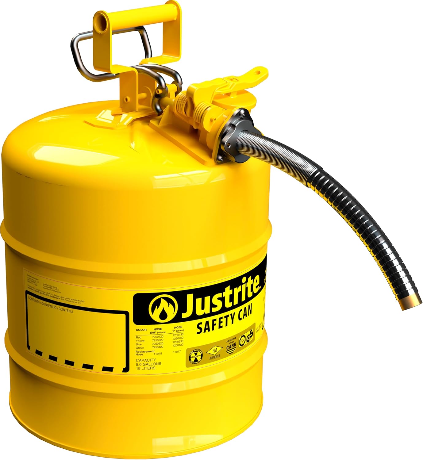 Justrite 5 Gallon Type II Yellow Diesel Safety Can with Flame Arrester, Flexible Metal Spout & Self - Closing Lid – OSHA Compliant Gas Can | Model 7250230 - Autosphere