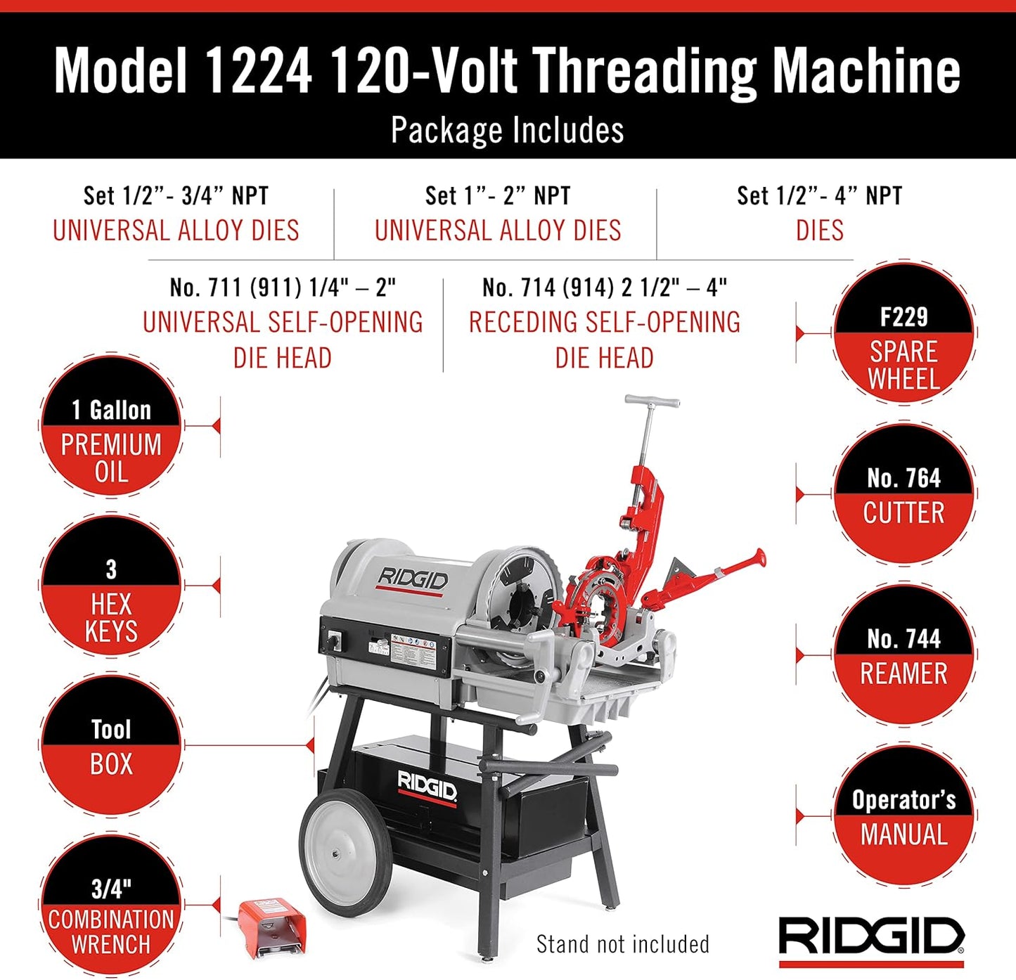 RIDGID 26092 Model 1224 NPT Threading Machine – 120V Heavy-Duty Pipe Threader with Hammer Chuck – Threads 1/4" to 4" Pipe – Silver/Red