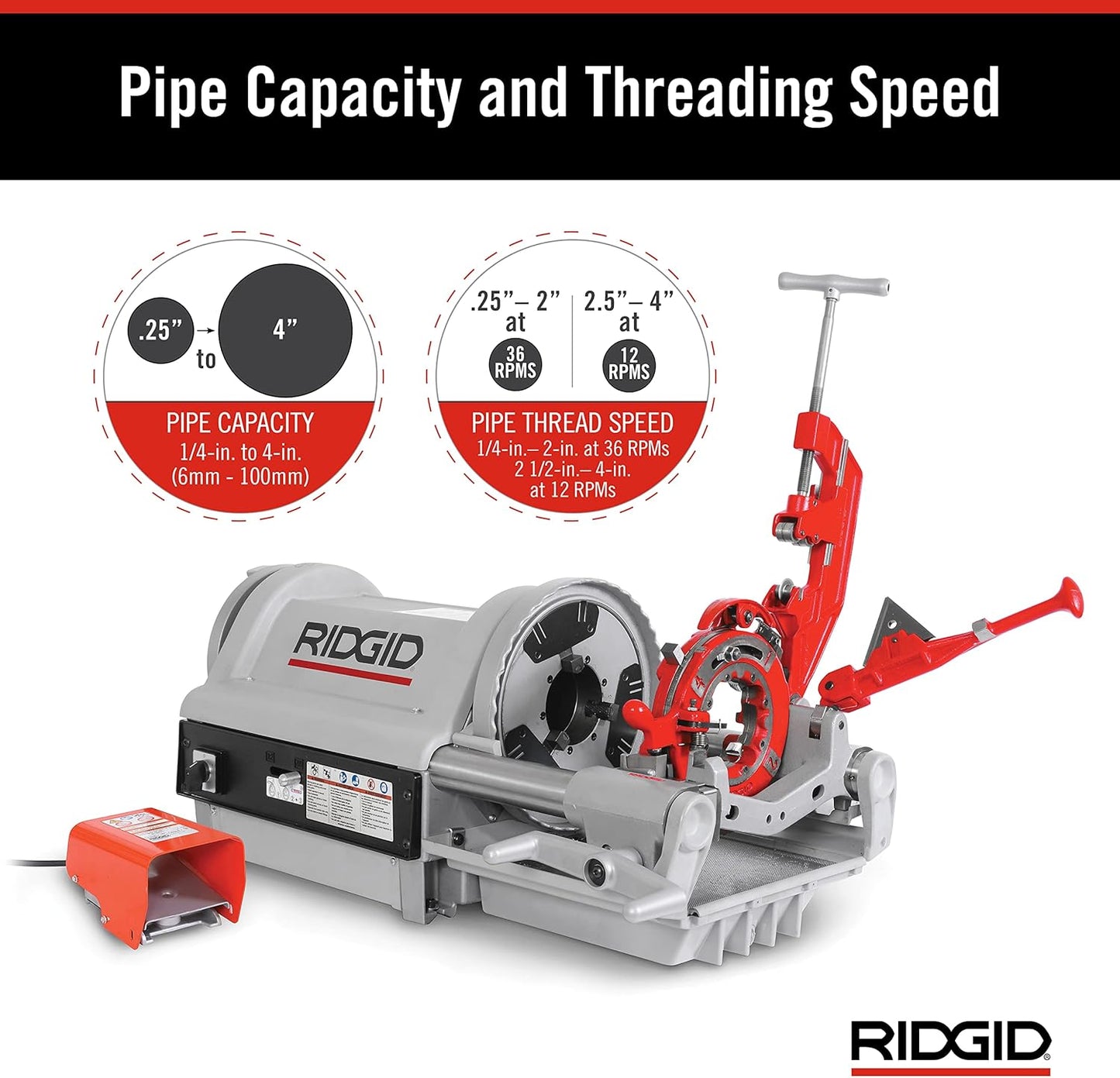 RIDGID 26092 Model 1224 NPT Threading Machine – 120V Heavy-Duty Pipe Threader with Hammer Chuck – Threads 1/4" to 4" Pipe – Silver/Red