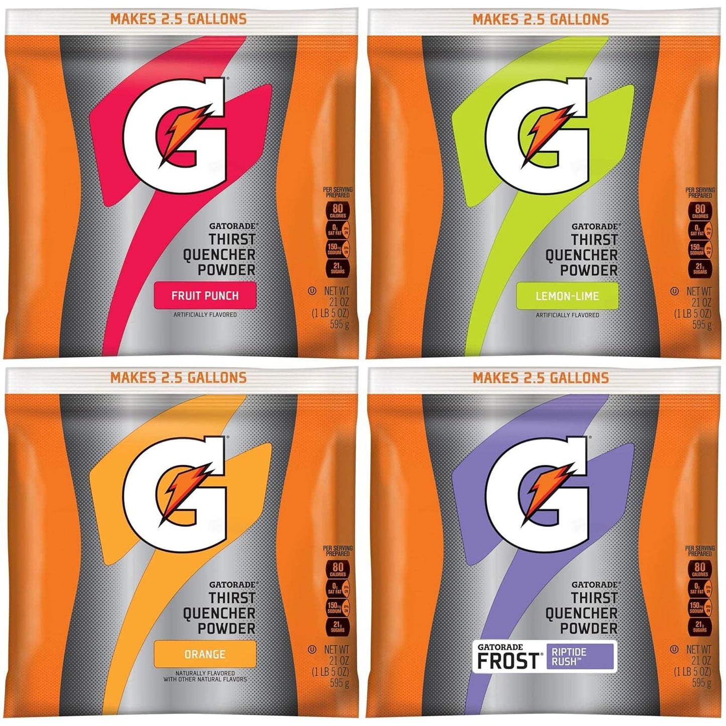 Gatorade Thirst Quencher Powder Variety Pack – 4 Flavors, 21oz Pouches, Pack of 32 (Total 672oz)