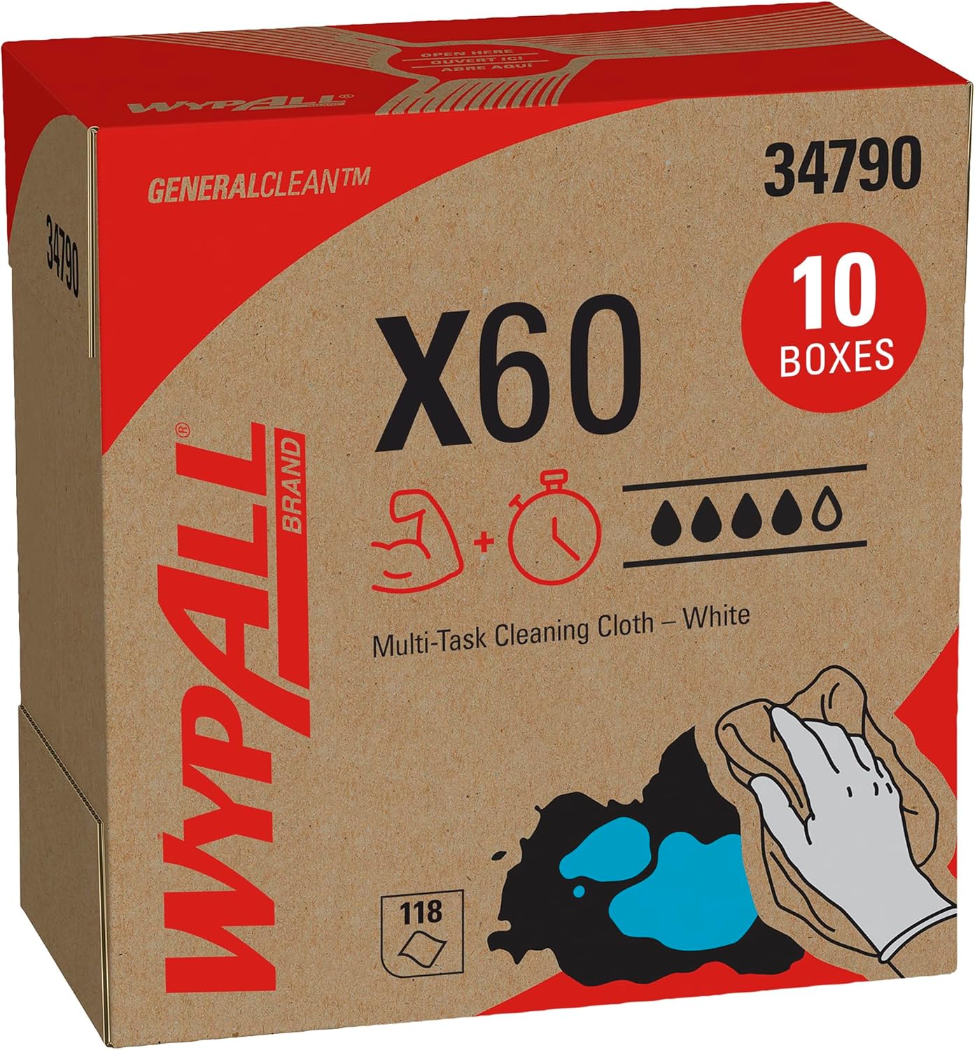 WypAll GeneralClean X60 Multi-Task Cleaning Wipes – 1180 Total Sheets (10 Pop-Up Boxes), White, Super Absorbent Cloths for Surface Wiping – 34790