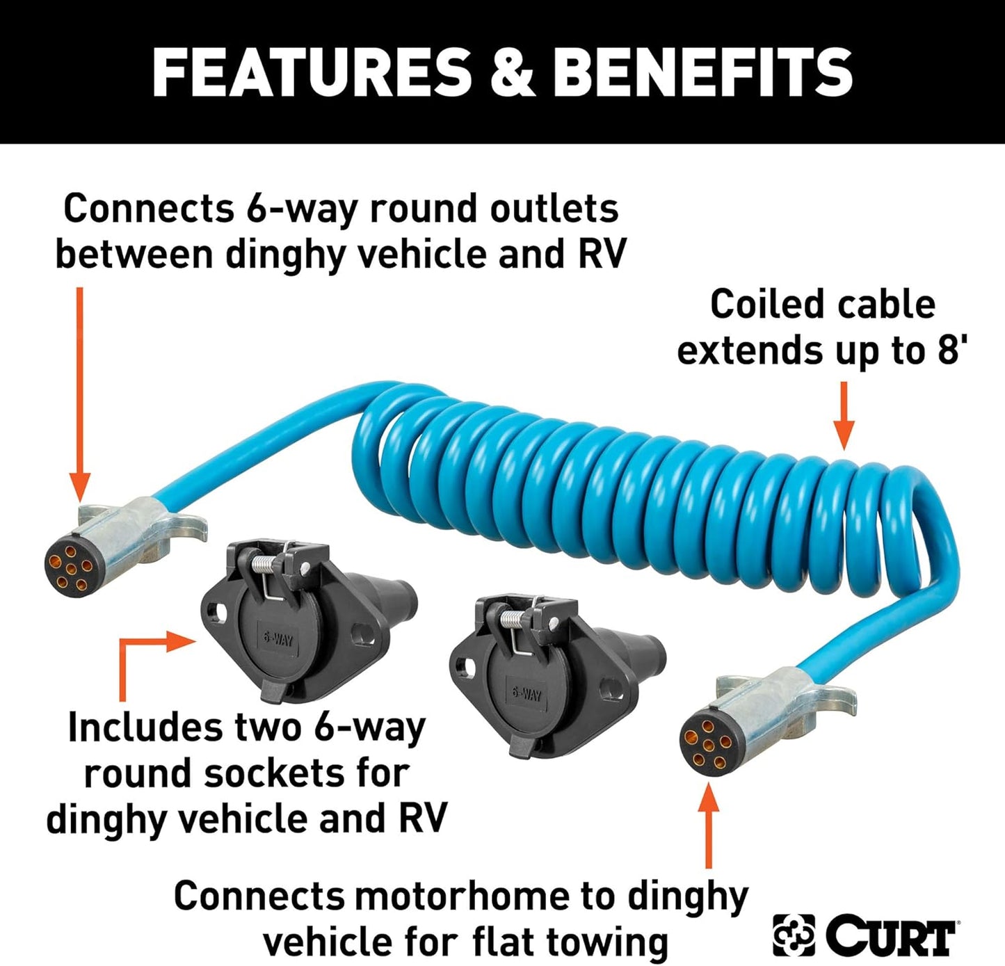 Curt Manufacturing 57286 8 ft Dinghy Towing Electrical Extension with 6-Way Round Socket