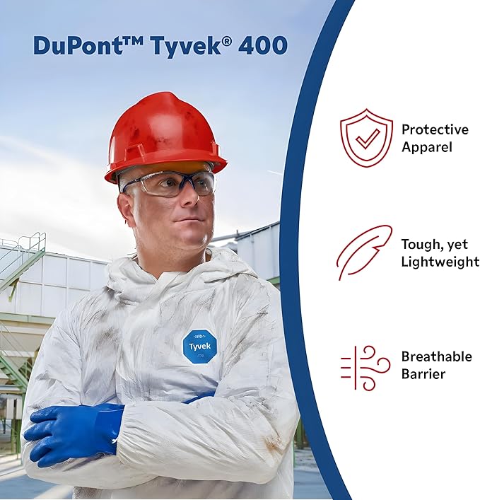 DuPont Tyvek 400 Coveralls – XL, White, Hood & Boots, Serged Seams, Elastic Wrists/Ankles