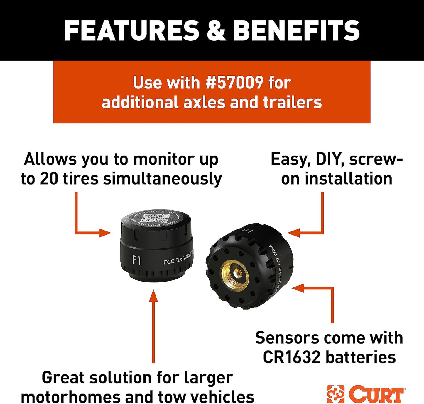 Curt Manufacturing Tire Linc Auto TPMS Sensors 2 Pack - Reliable Tire Pressure Monitoring System