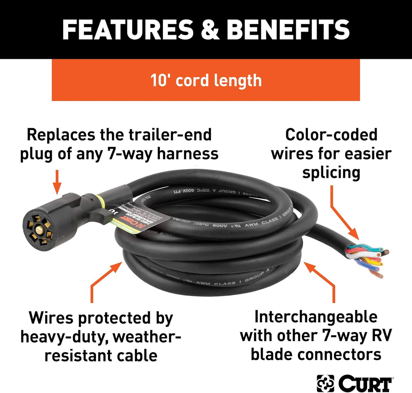 Curt Manufacturing 10 ft 7-Way RV Blade Replacement Harness - Part 56623