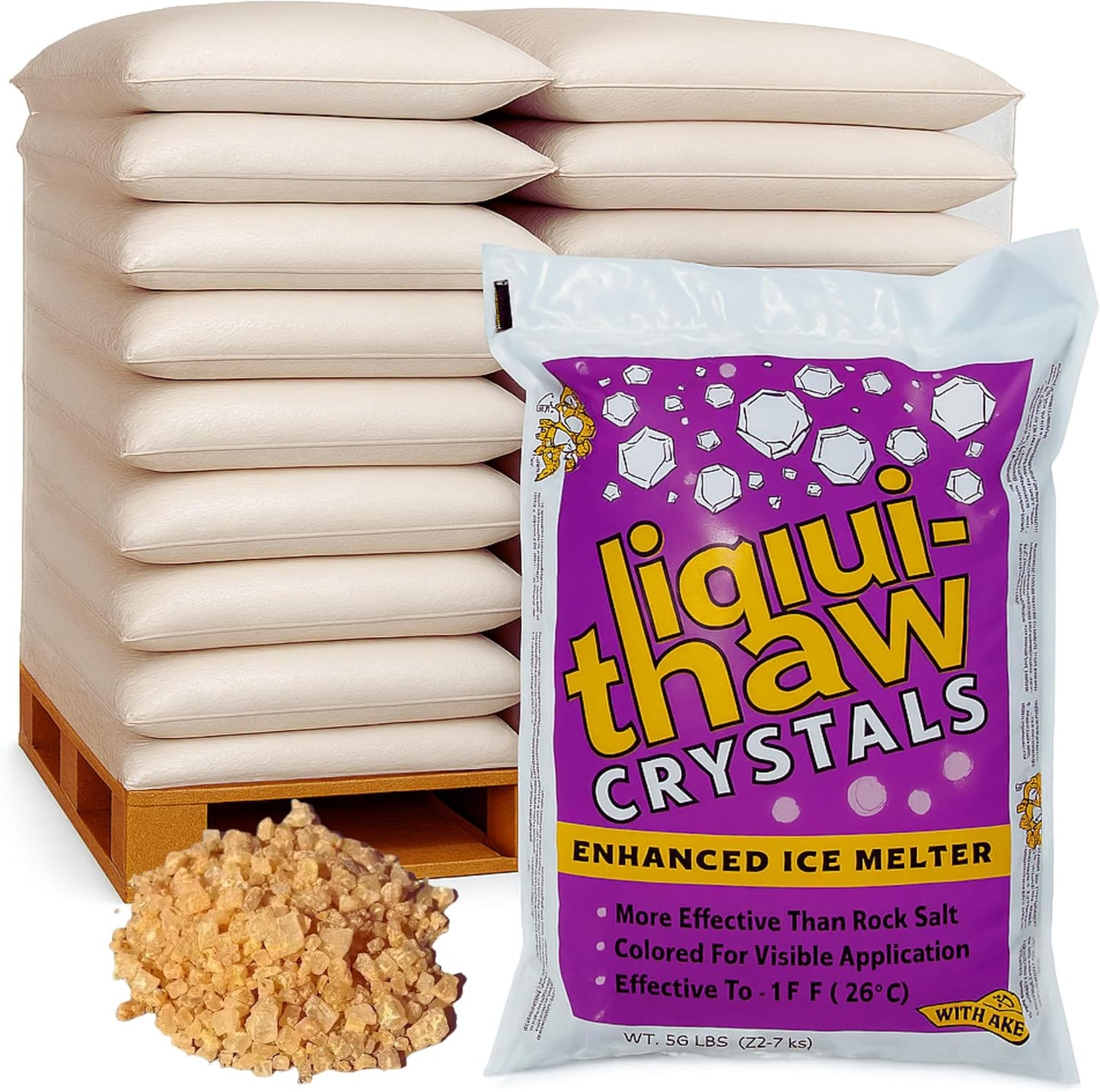 Bag of liqui-thaw crystals with iceMelter crystals and a pallet of bags in the background.