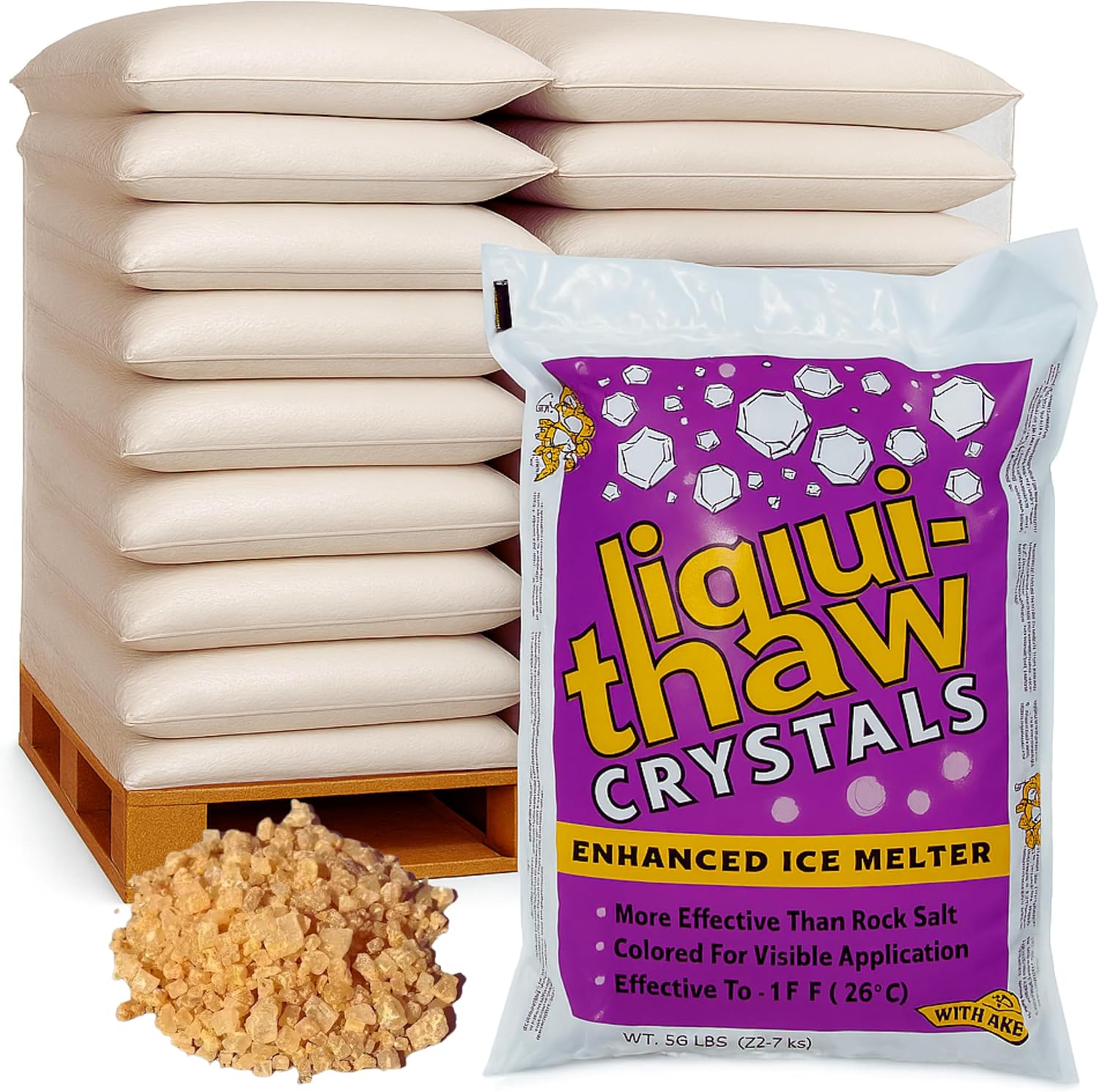 Bag of liqui-thaw crystals with iceMelter crystals and a pallet of bags in the background.