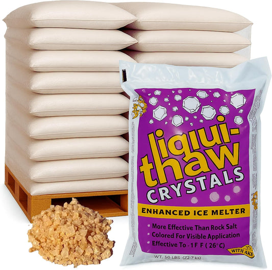 Bag of liqui-thaw crystals with iceMelter crystals and a pallet of bags in the background.