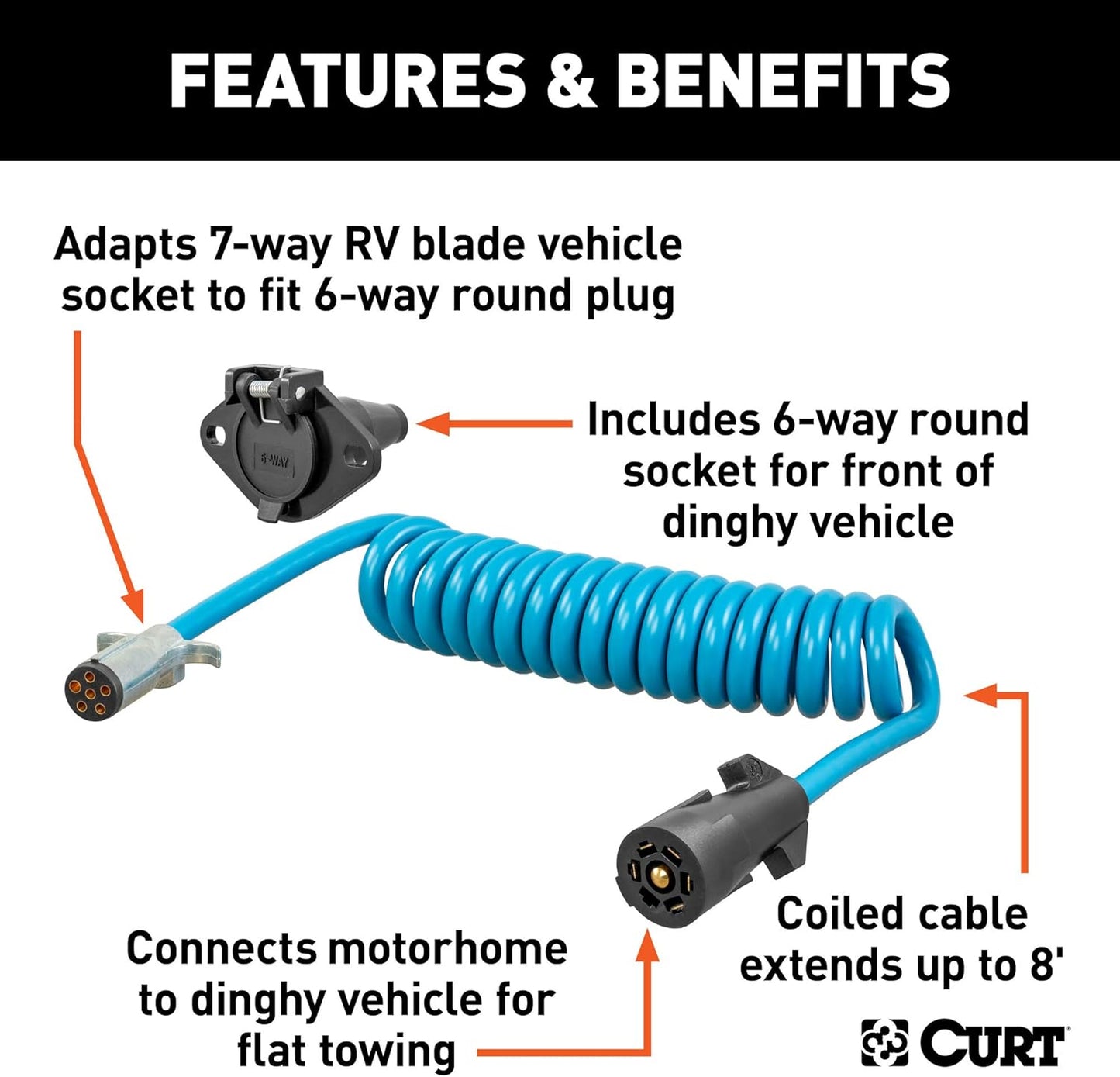 Curt Manufacturing 57283 8 ft Dinghy Towing Adapter & Socket - 7-Way RV Blade to 6-Way Round Vehicle Connector