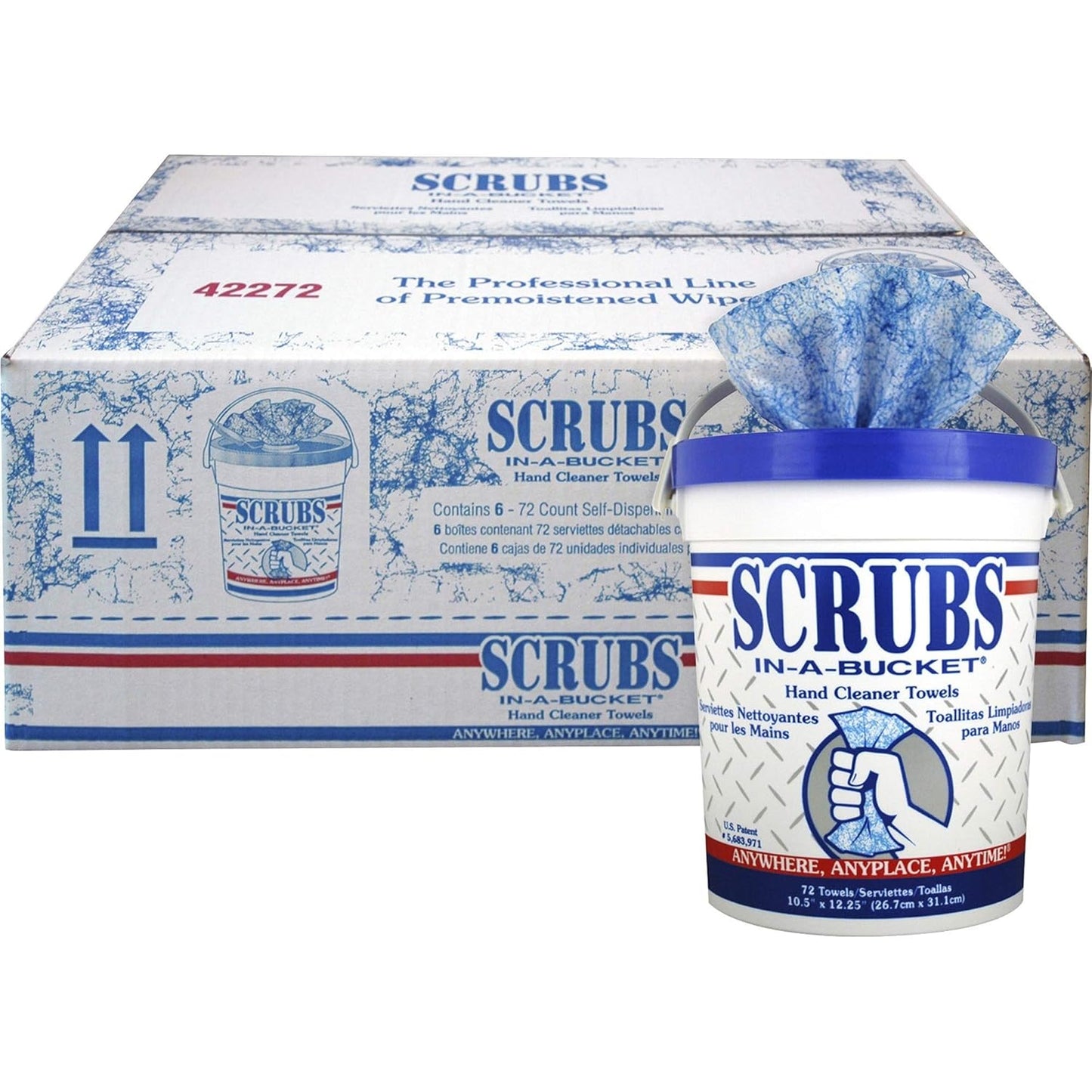 Scrubs ITW42272CT In-A-Bucket Heavy-Duty Hand Cleaner Towels – 72 Wipes/Pack, 6 Packs/Carton – Blue