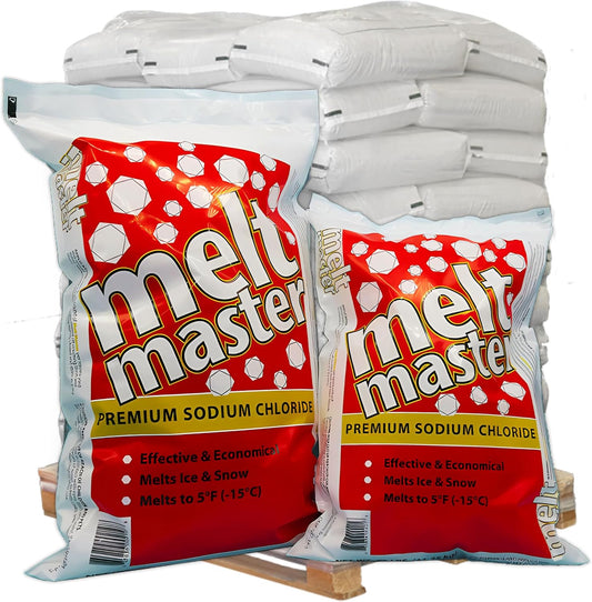 Two bags of Melt Master premium sodium chloride on a white background