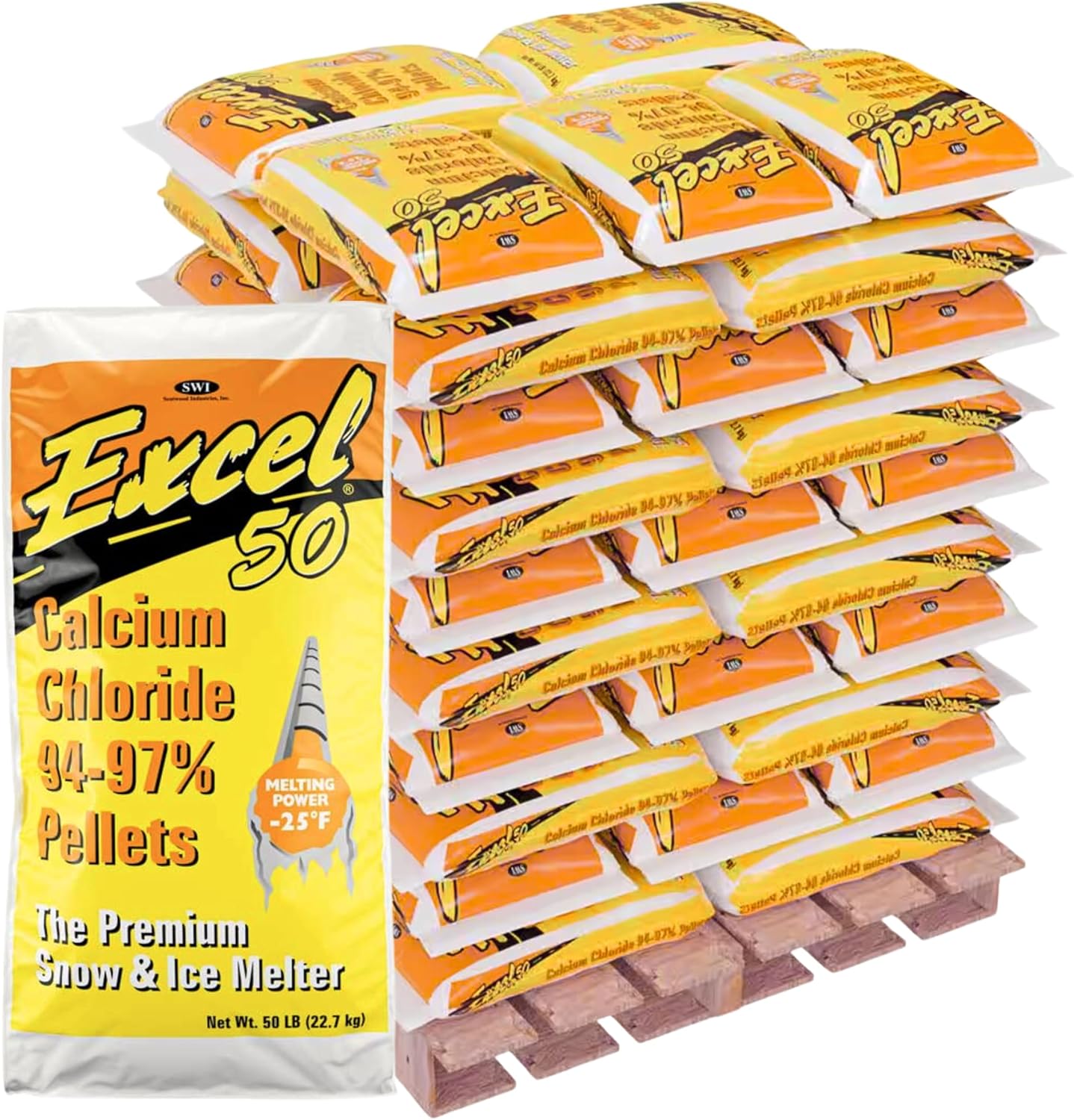 Pallet of Excel calcium chloride pellets for snow and ice melting on a white background
