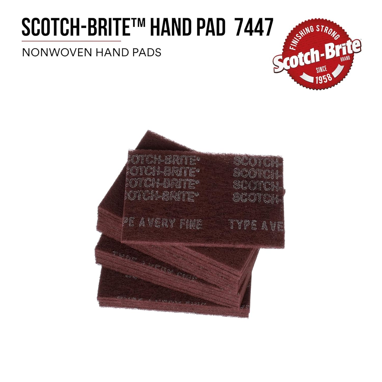 3M Scotch-Brite 7447 Hand Pads – Very Fine Grade, 6" x 9", Aluminum Oxide – Pack of 20