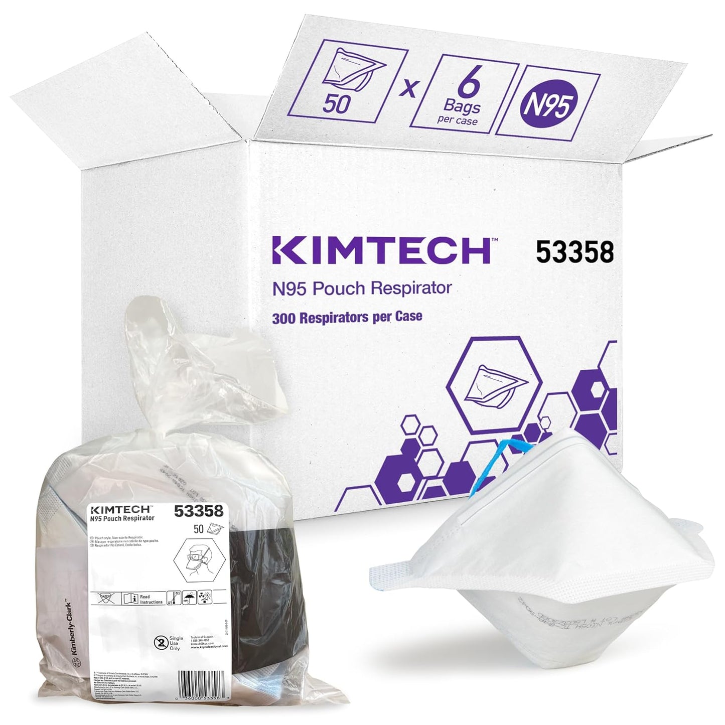 Kimberly-Clark Kimtech™ N95 Pouch Respirator (53358) – NIOSH-Approved, Regular Size, White, 50-Pack – Made in USA, Comfortable Fit with Soft Headbands