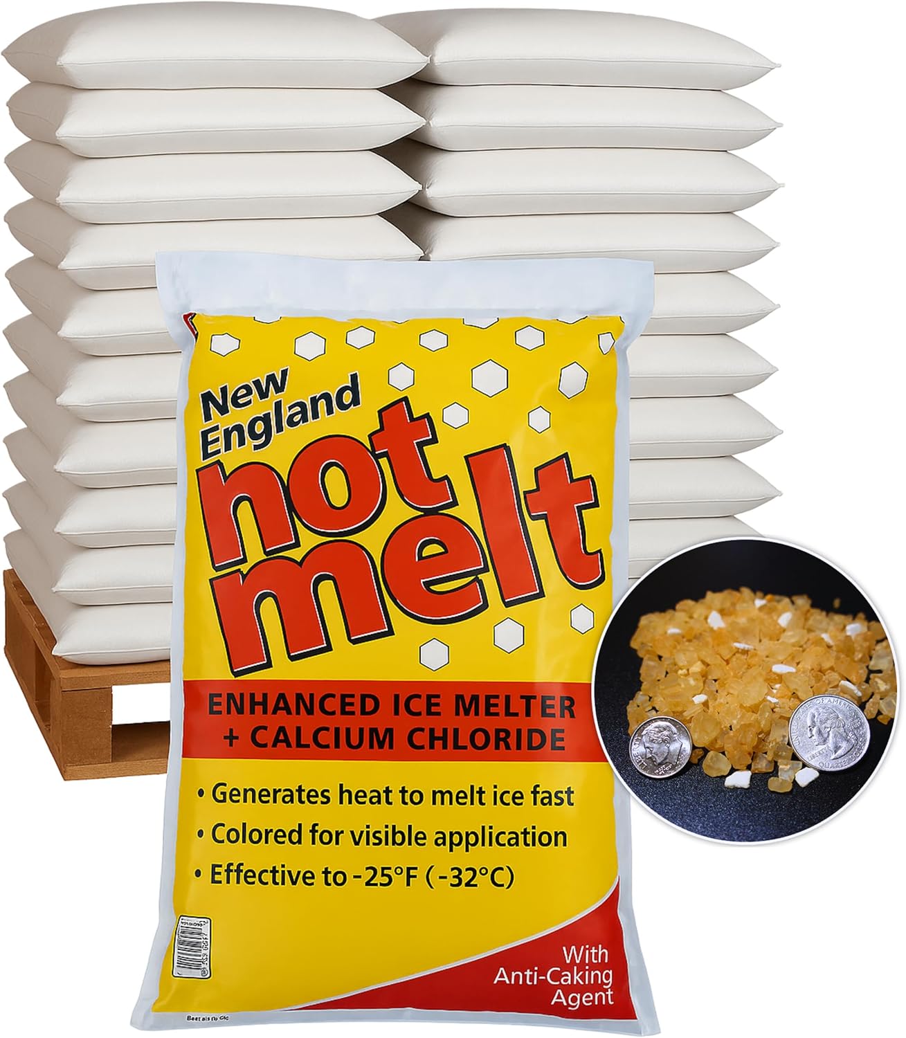 Bag of New England Hot Melt ice melter with packaging details and a close-up of the product.