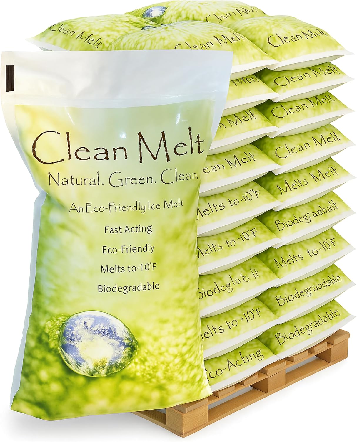 Pallet of 'Clean Melt' ice melt bags with packaging on a white background