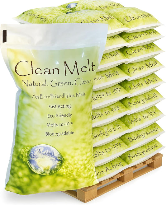 Pallet of Clean Melt ice melt bags with packaging on a white background