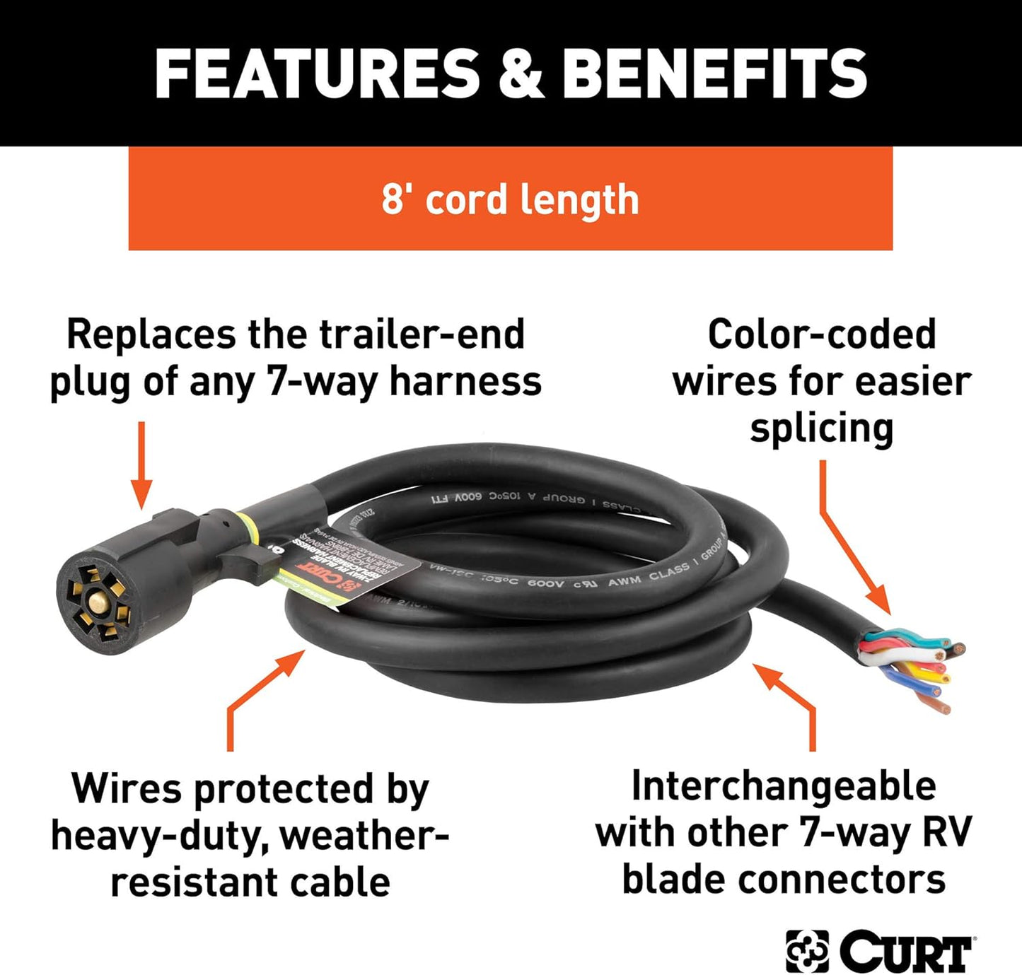 Curt Manufacturing 56602 8 Ft 7-Way RV Blade Replacement Harness