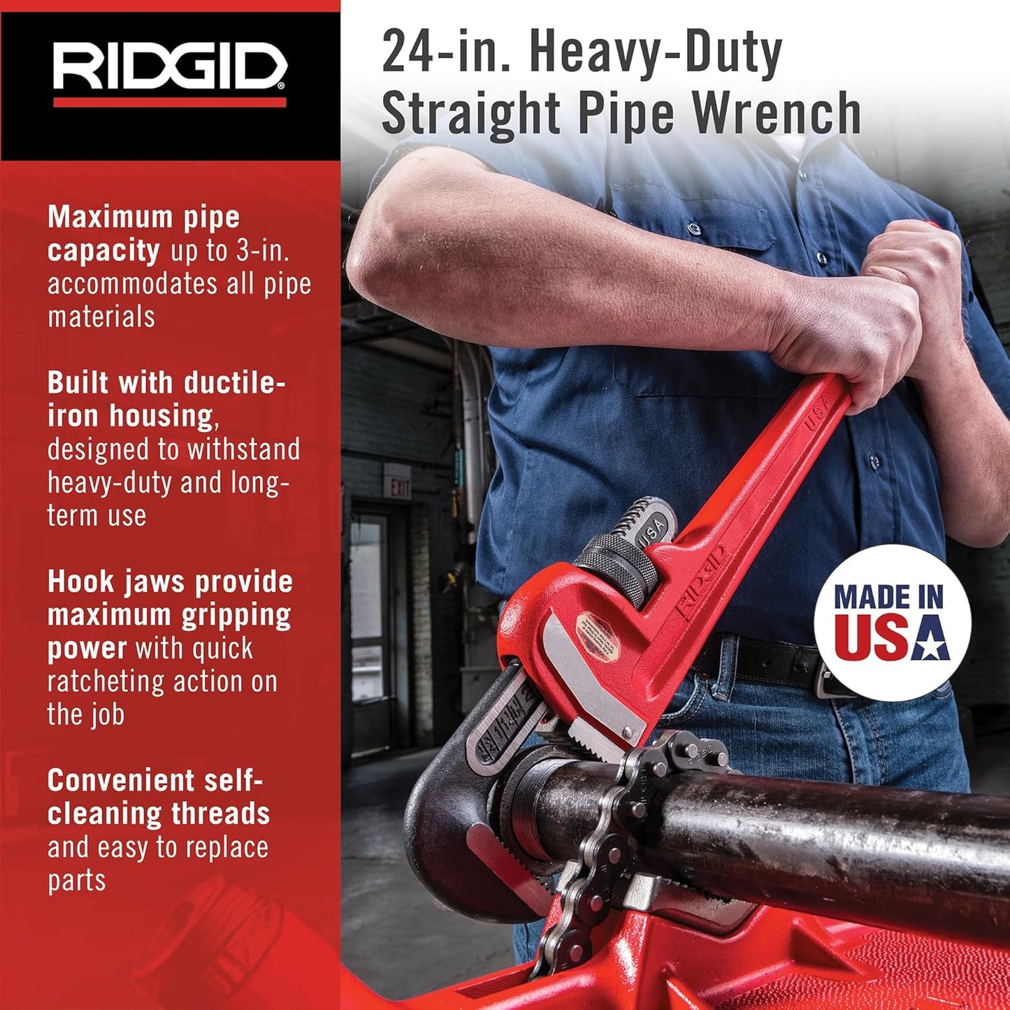 RIDGID 31030 24" Heavy-Duty Straight Pipe Wrench – Self-Cleaning, Hook Jaw, Red