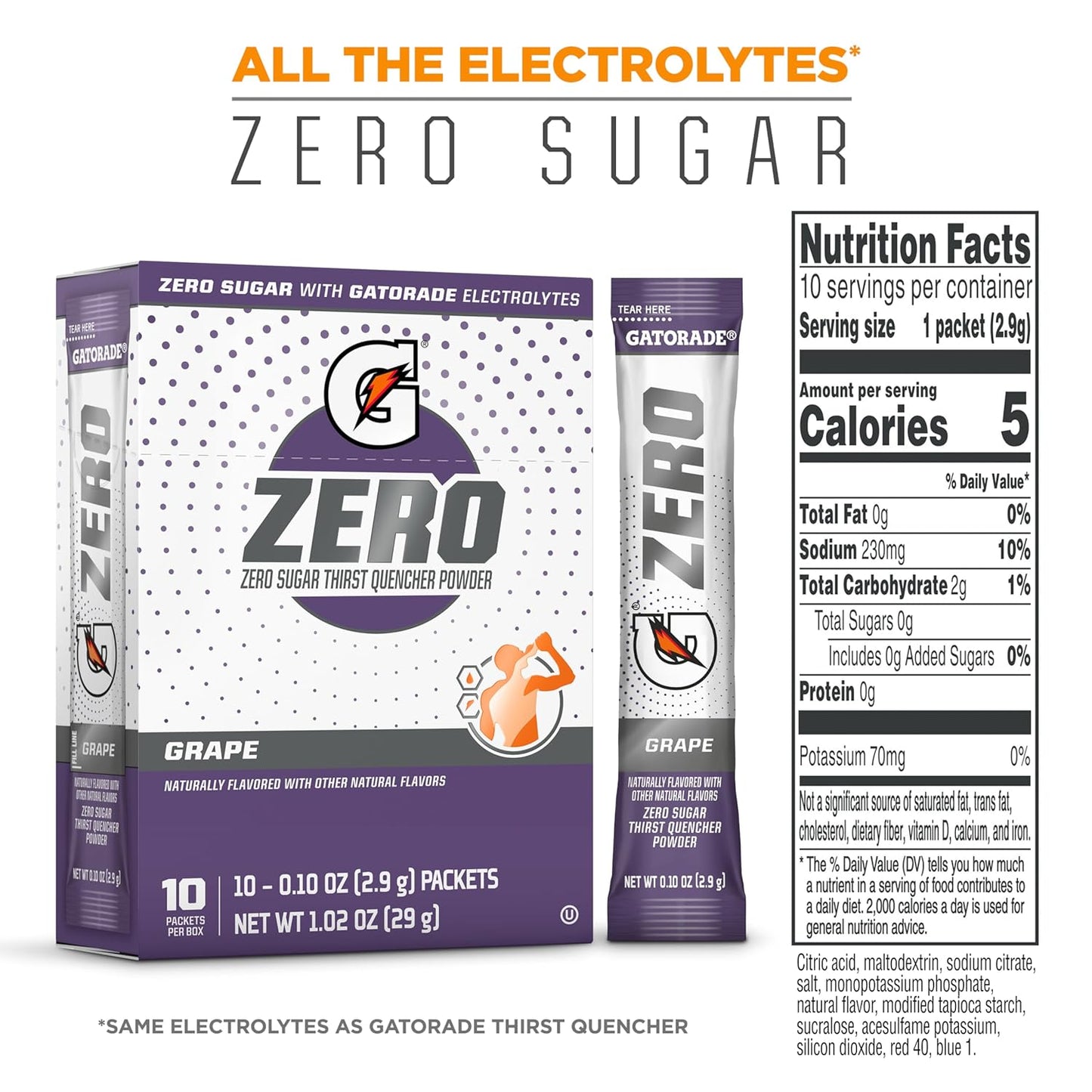 Gatorade G Zero Powder Stick – Grape Flavor, 0.10 oz Stick, Yields 16.9 oz Drink – Pack of 120