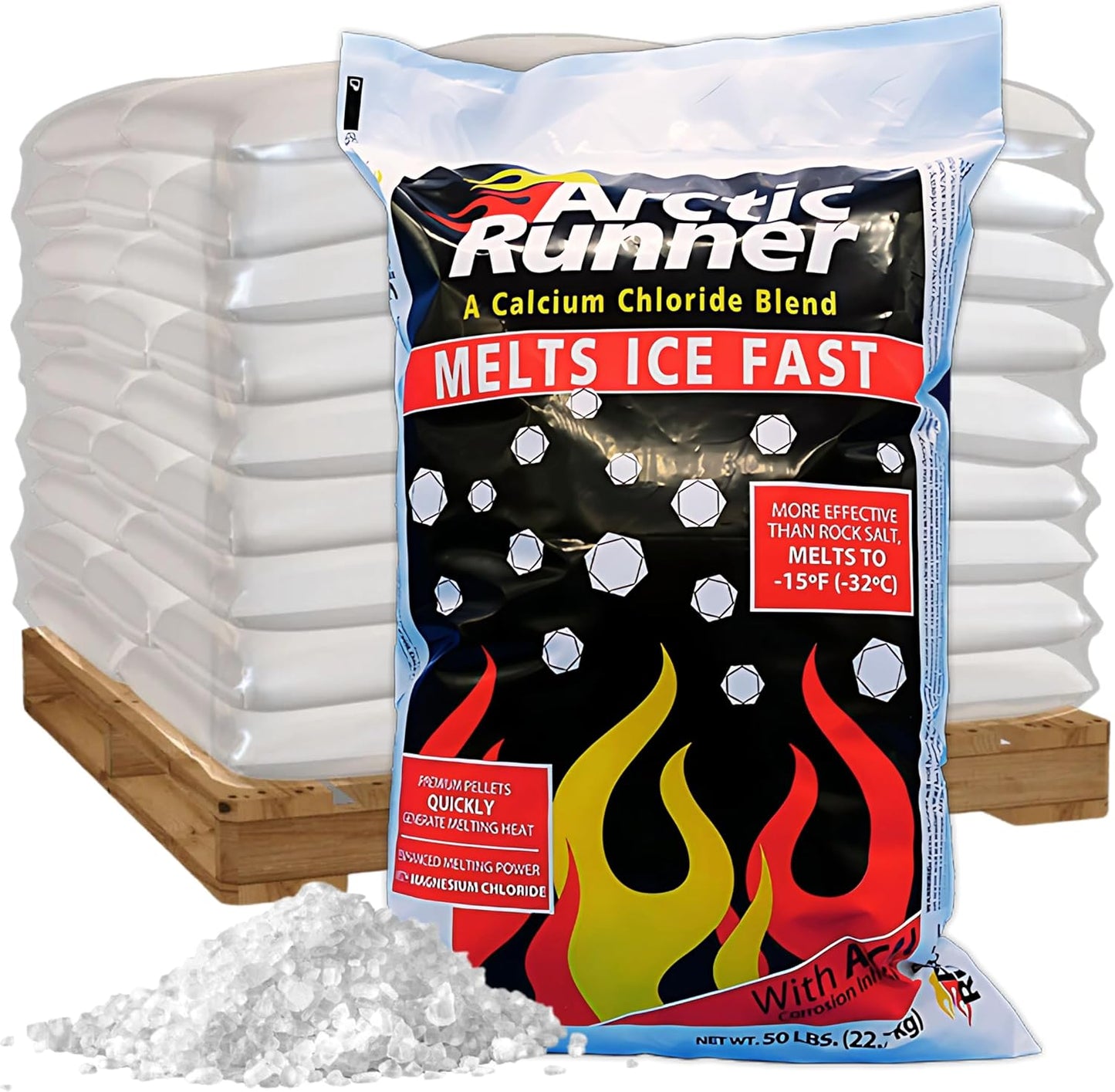 Bag of Arctic Runner ice melter with a pallet of salt blocks in the background