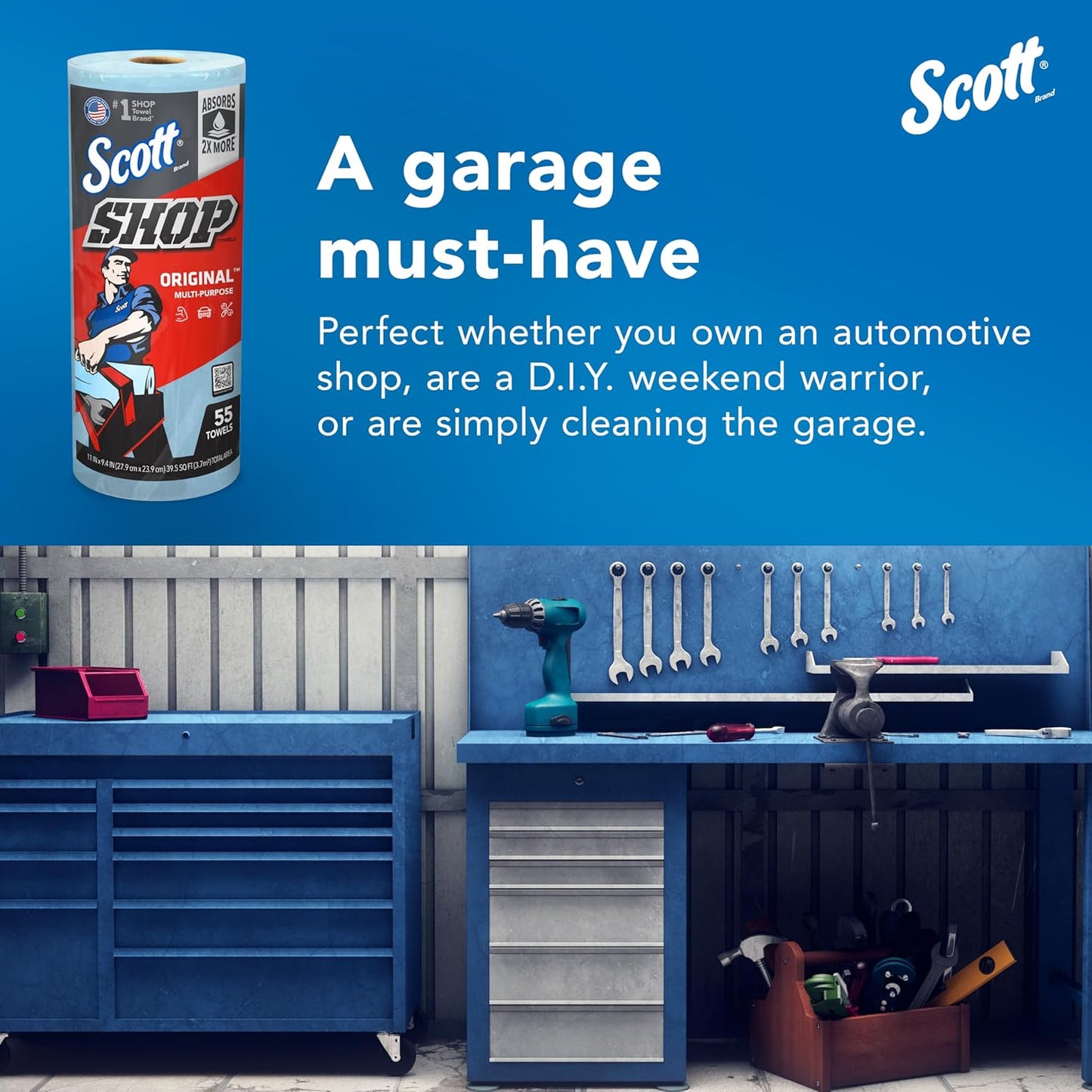 Scott Original Multi-Purpose Shop Towels – Blue, 11" x 9.4", 55 Sheets per Roll, 30 Rolls/Case – 75130