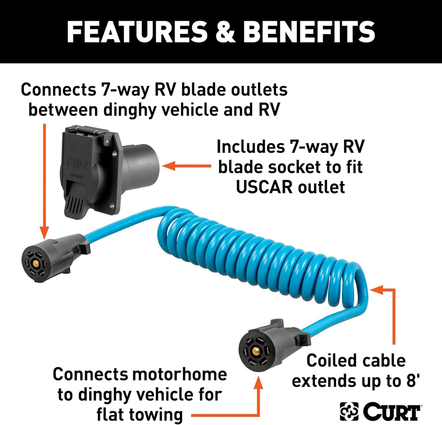 Curt Manufacturing 57284 8 ft Dinghy Towing Electrical Adapter & Socket with 7-Way RV Blade Fits USCar