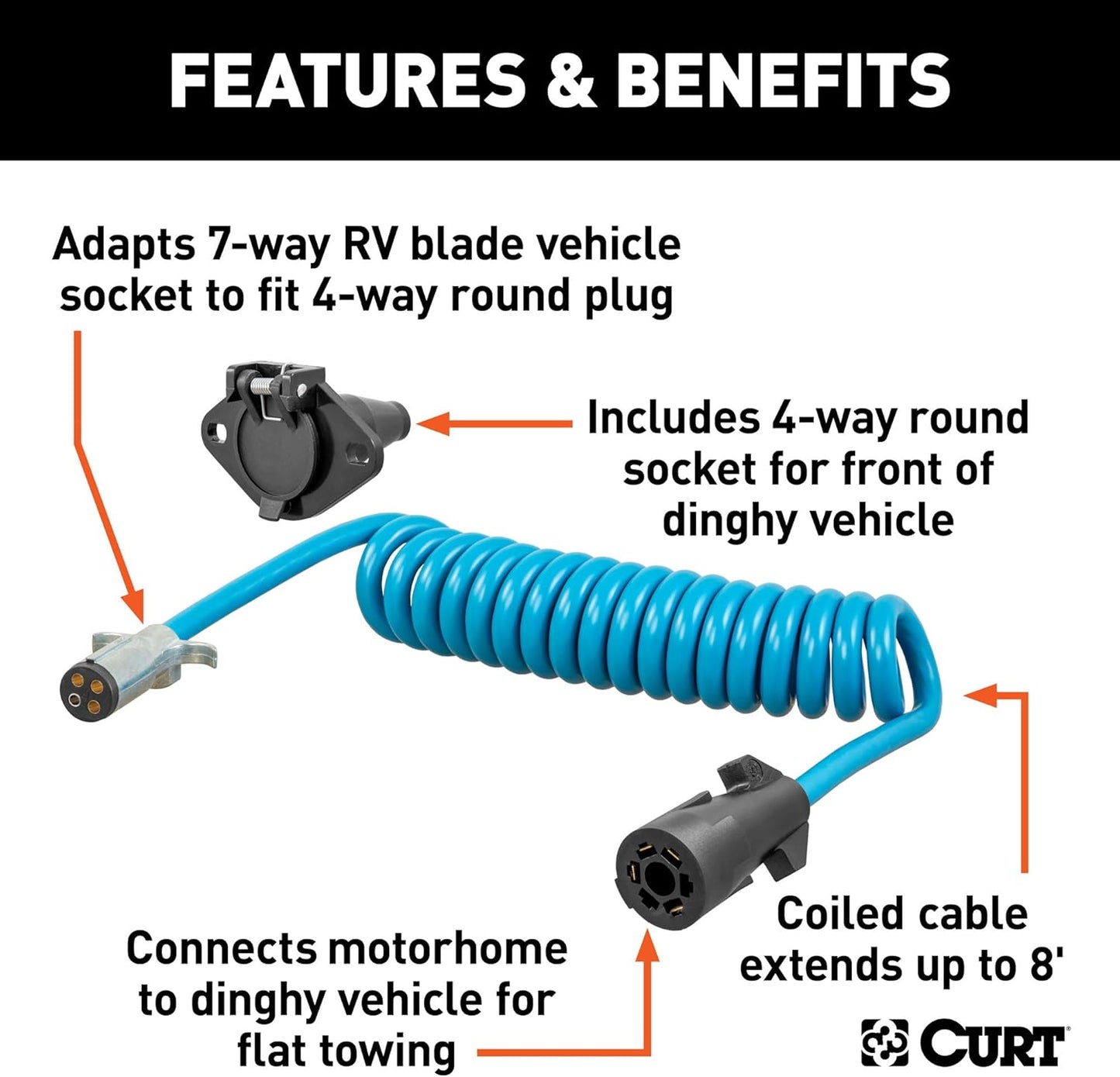 Curt Manufacturing 57285 8 ft Dinghy Towing Adapter & Socket for 7-Way RV Blade to 4-Way Round Vehicle