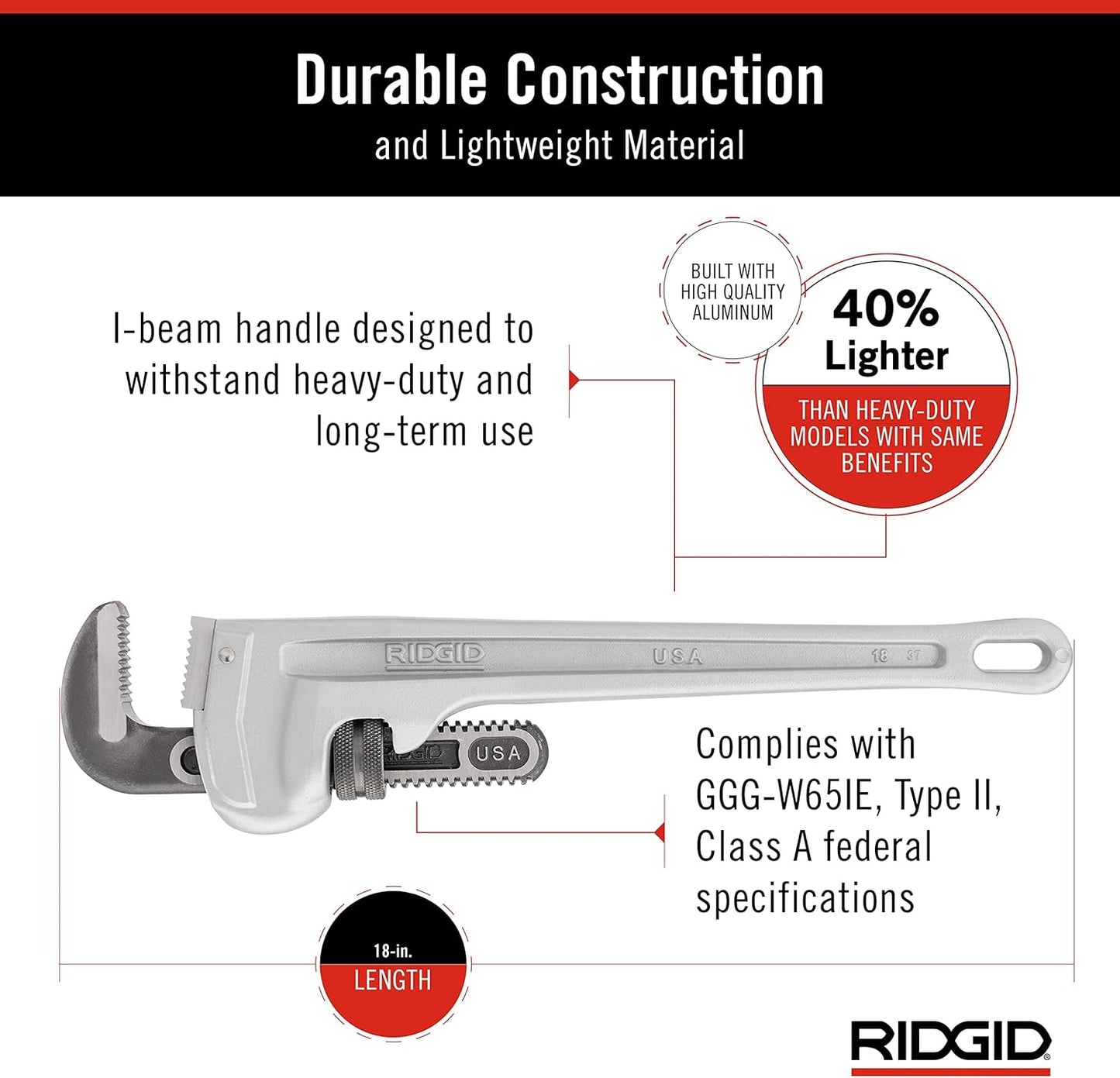 RIDGID 31100 Model 818 Aluminum Pipe Wrench – 18" Straight Plumbing Wrench, Lightweight Design