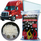 Red truck with a bag of Arctic Runner ice melt and a close-up of the product.
