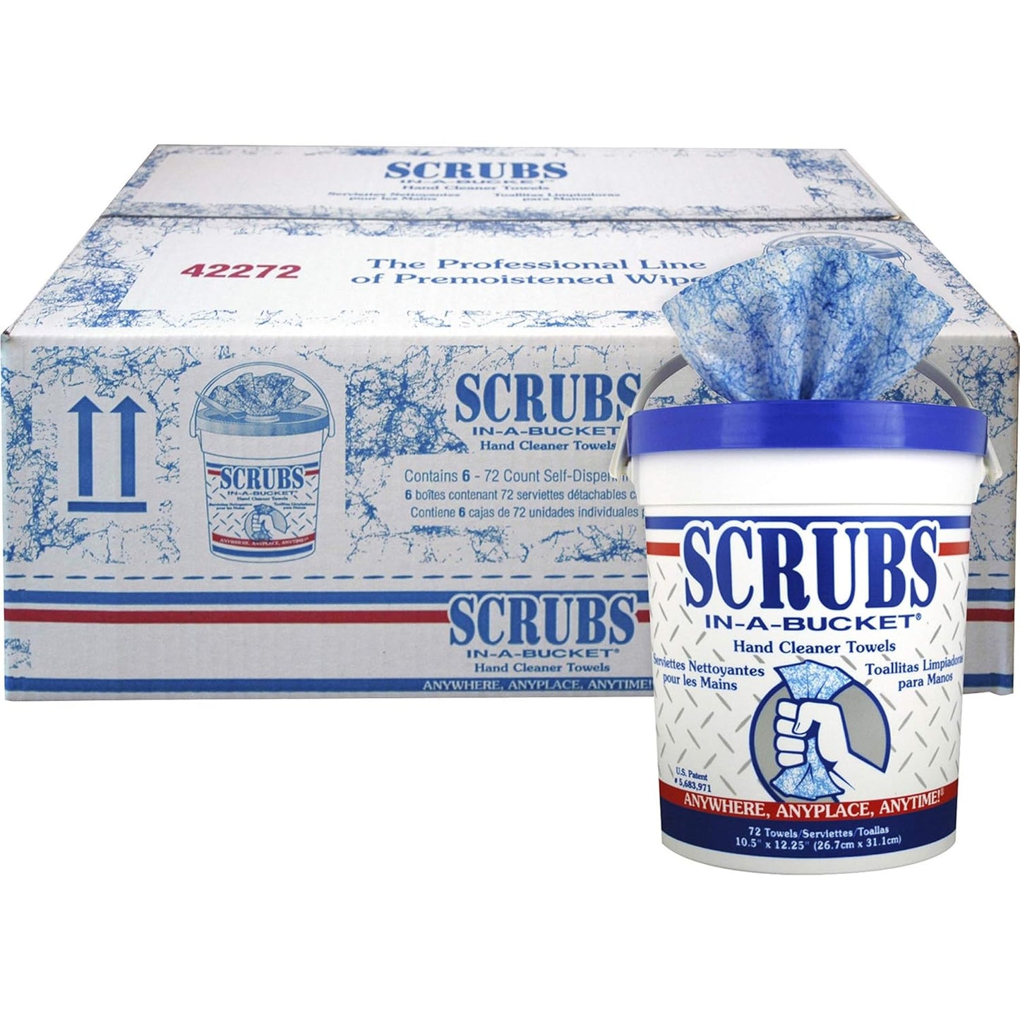 Scrubs ITW42272CT In-A-Bucket Heavy-Duty Hand Cleaner Towels – 72 Wipes/Pack, 6 Packs/Carton – Blue