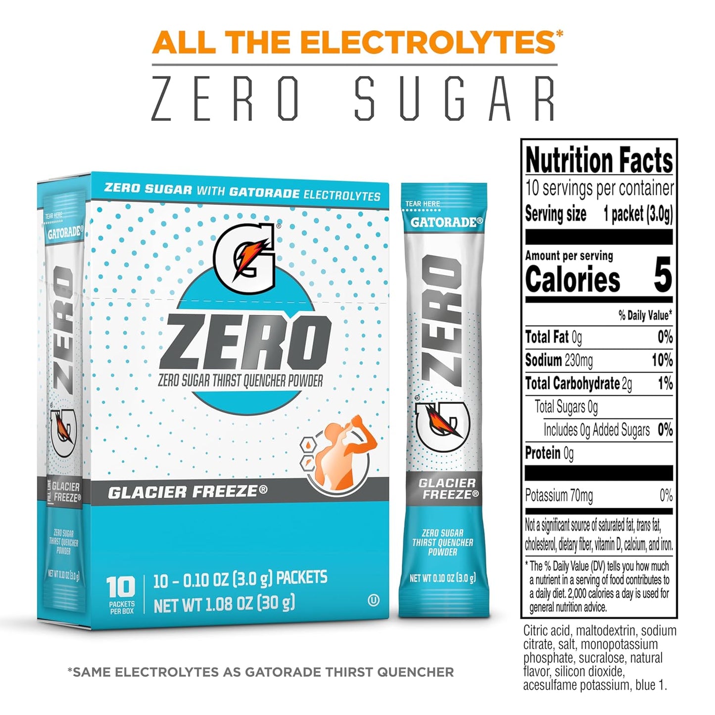 Gatorade Zero Powder Stick – Glacier Freeze, 0.10 oz Packet, Yields 16.9 oz, 120 Count Case | 04457