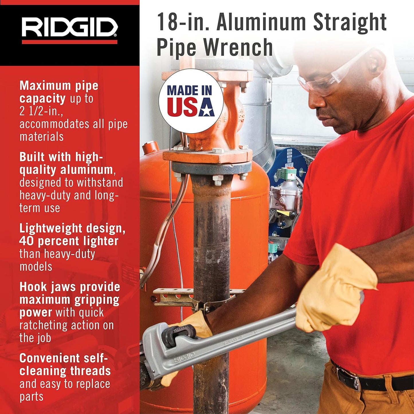 RIDGID 31100 Model 818 Aluminum Pipe Wrench – 18" Straight Plumbing Wrench, Lightweight Design