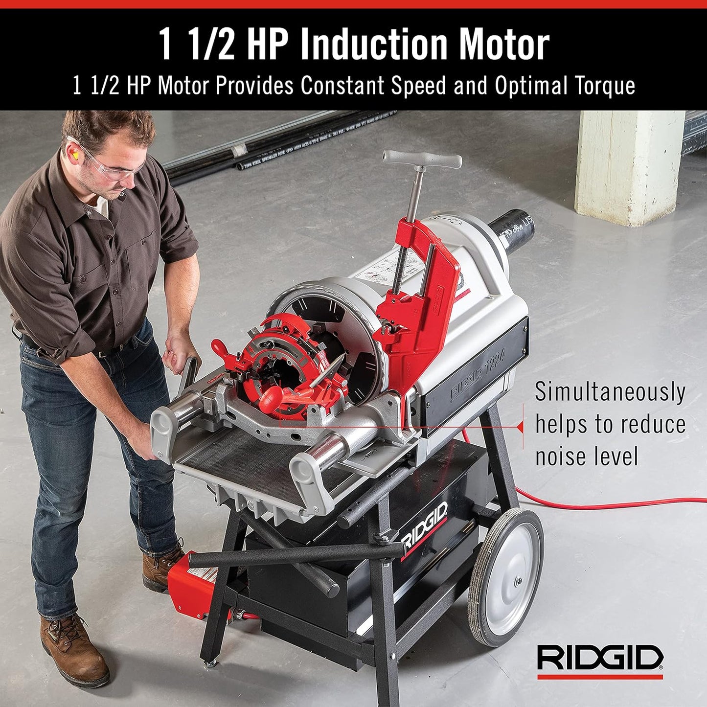 RIDGID 26092 Model 1224 NPT Threading Machine – 120V Heavy-Duty Pipe Threader with Hammer Chuck – Threads 1/4" to 4" Pipe – Silver/Red