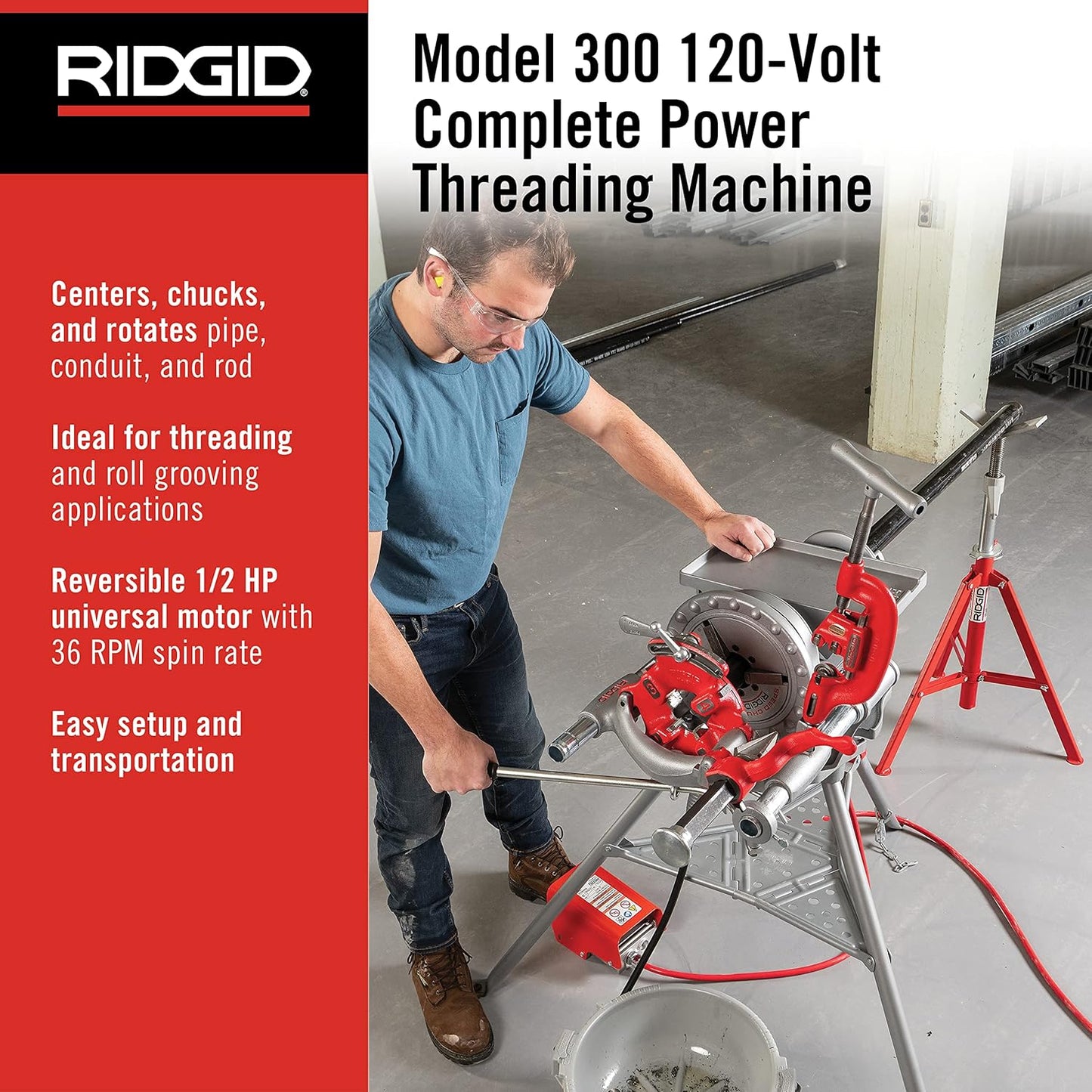 RIDGID Model 300 Power Drive Threading Machine – Complete Kit, 1/8" to 2" Pipe Capacity, 115V AC, 38 RPM