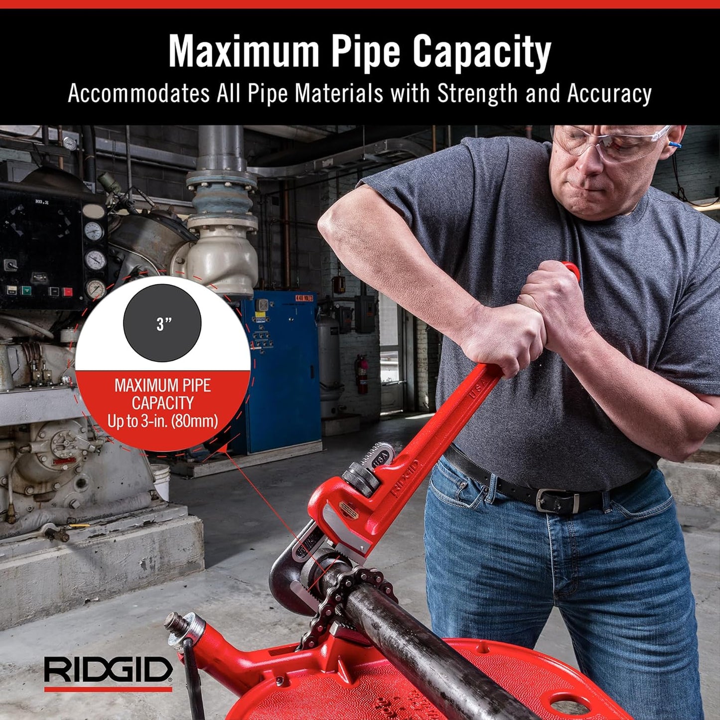 RIDGID 31030 24" Heavy-Duty Straight Pipe Wrench – Self-Cleaning, Hook Jaw, Red