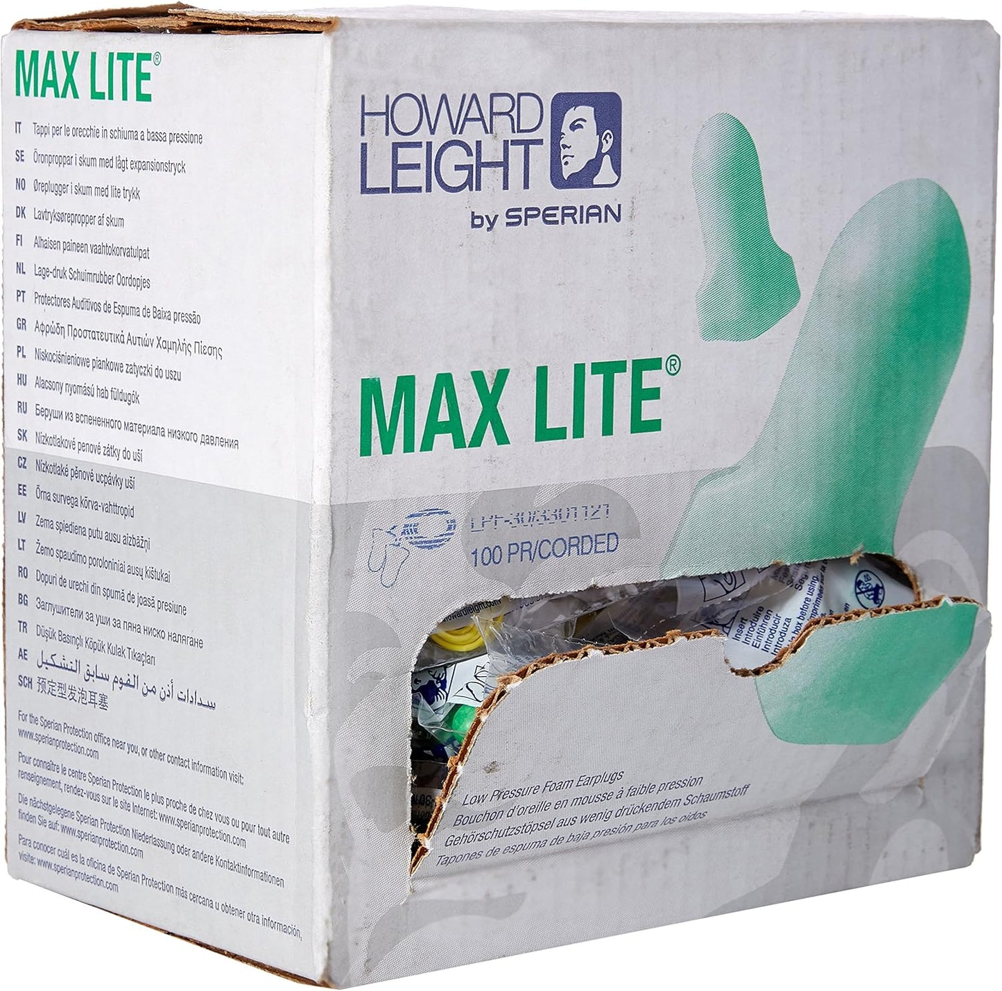 Howard Leight Max Lite LPF30 Corded Earplugs – 100 Pairs | NRR 30 Noise Reduction, Green Foam