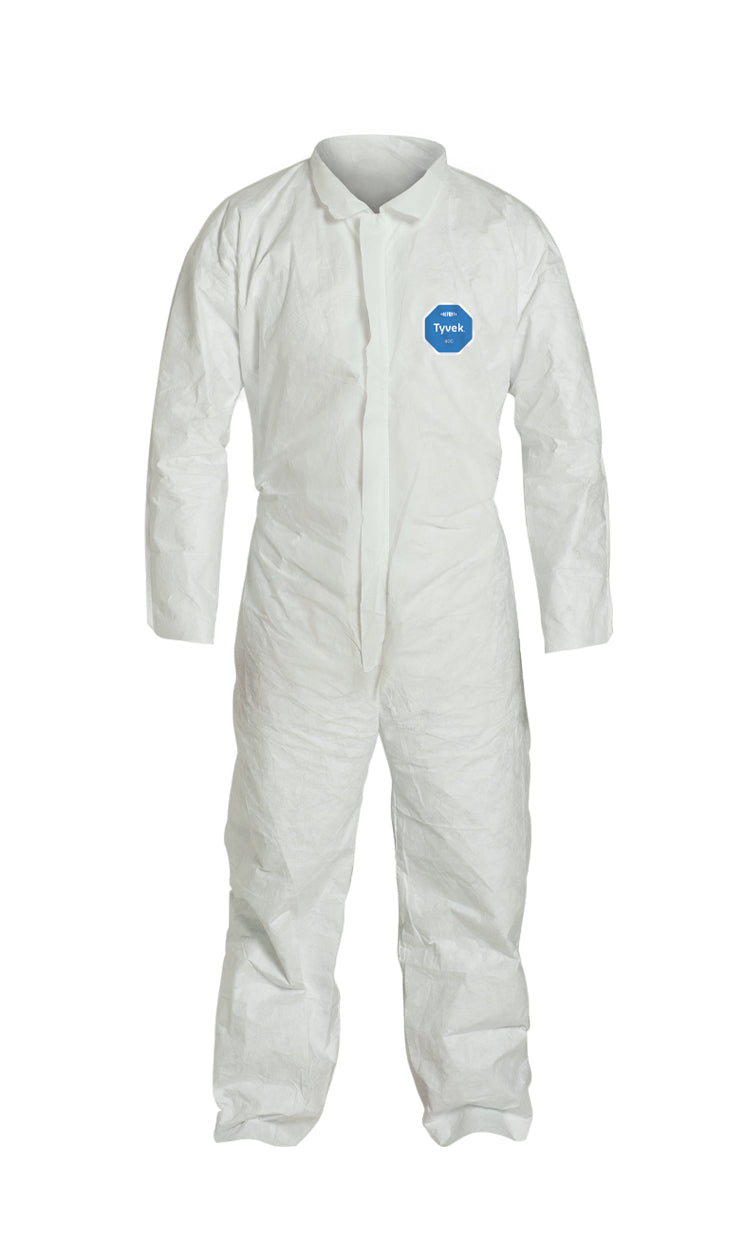 400 Coveralls, Tyvek®, Serged Seams, Collar, Elastic Waist, Open Wrists/Ankles, Front Zip, Storm Flap, White, Large – DuPont TY120S-L (Pack of 25)